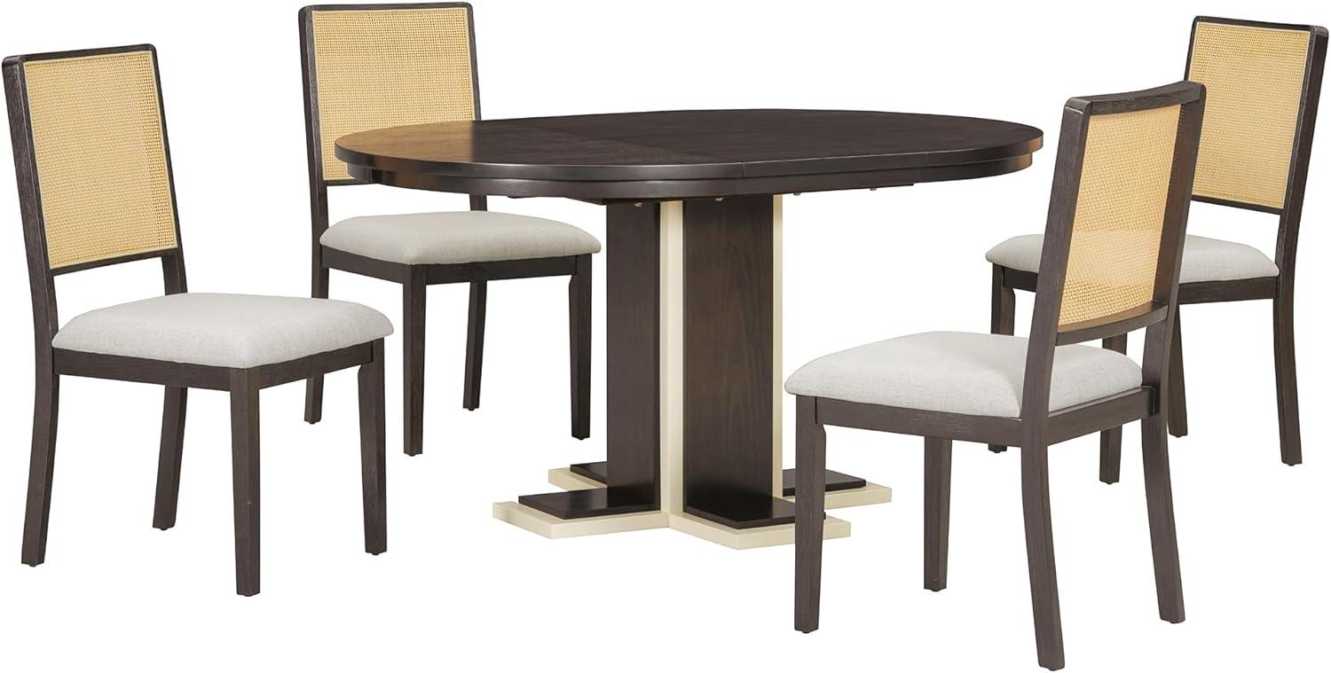 Bellemave Extendable Dining Table Set for 4, 5-Piece Round Table Set with 4 Chairs, Circle Table with Upholstered Chairs, Oval Kitchen Table Set with Extendable Table (Natural Wood Wash)