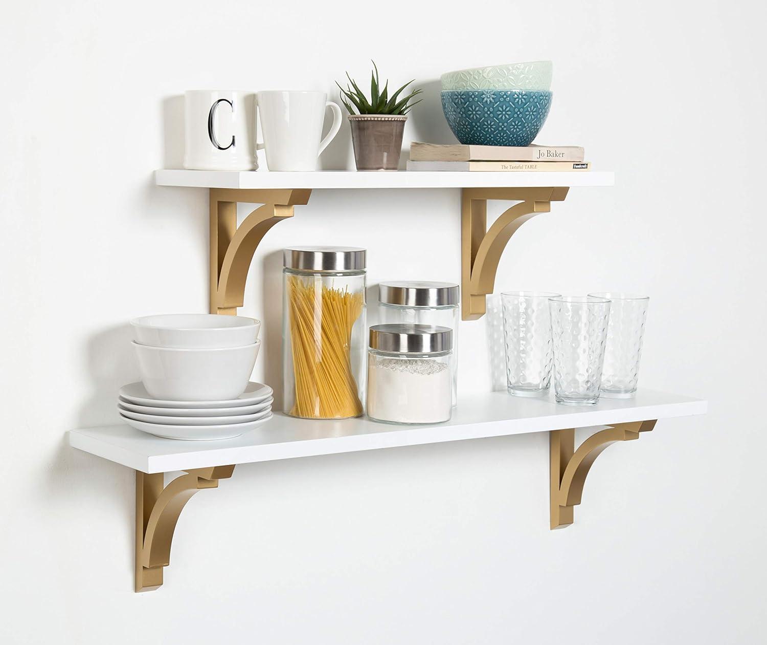 24" x 9" Corblynd Traditional Wood Wall Shelf White/Gold - Kate & Laurel: Bracket Shelf, Open Shelving Design, Includes Brackets