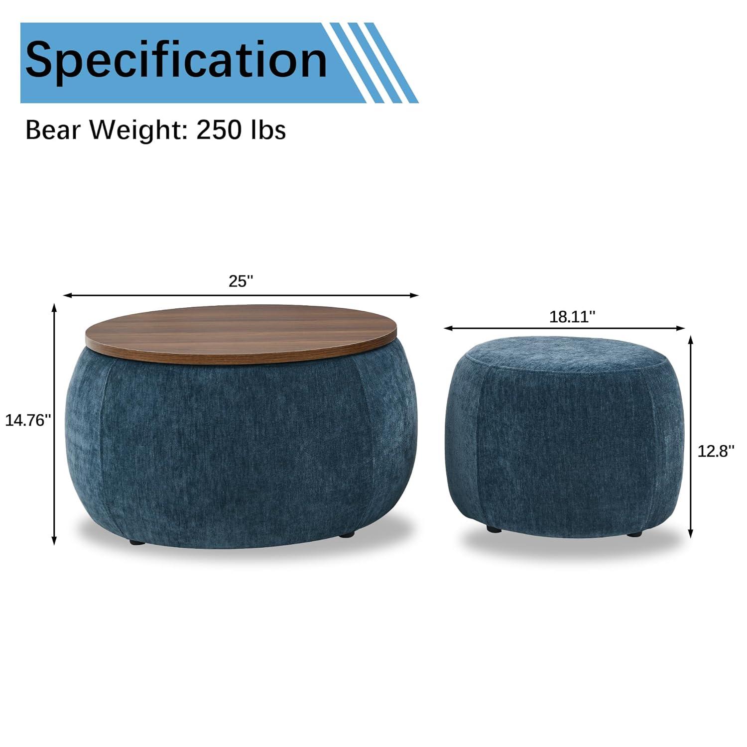 2-Piece Set Round Chenille Storage Ottoman, Equipped with a Drum Shaped Small Stool, Storage Space, and MDF Made Desktop Panel (Dark Blue, 25"x25"x14.7")