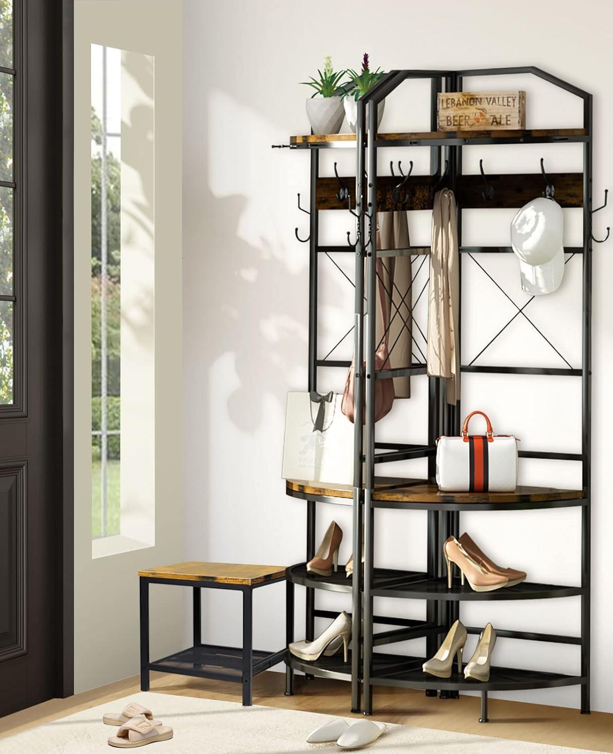 Industrial Brown Metal Corner Hall Tree with Storage Bench