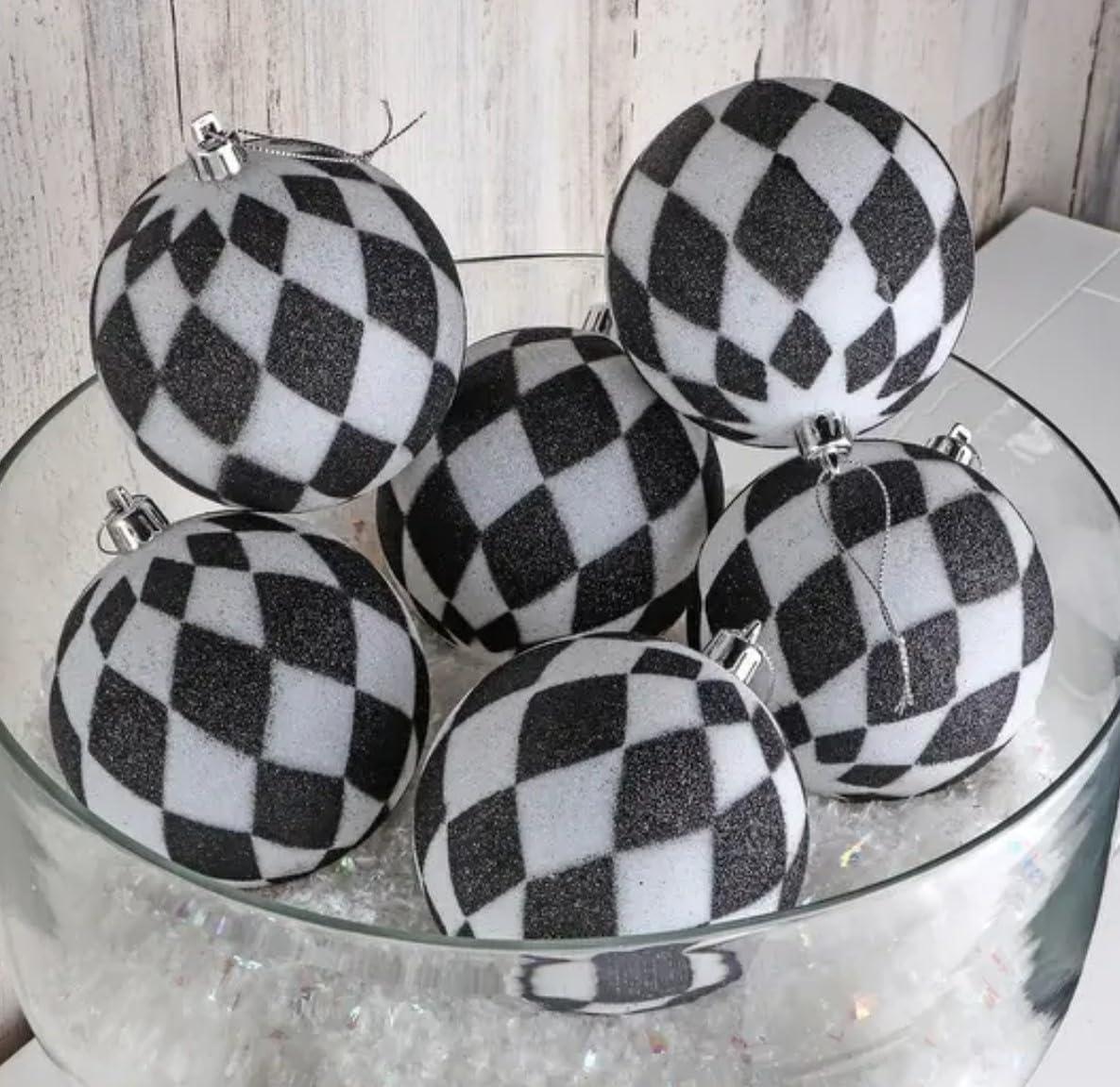 Regency 100 mm Glitter Harlequin Ball Black and White Ornaments
