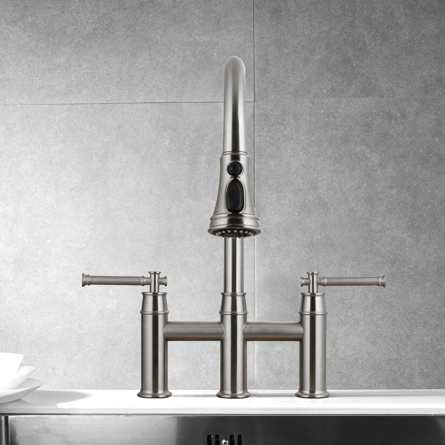 Brushed Nickel Double Handle Bridge Kitchen Faucet with Pull-Down Sprayer