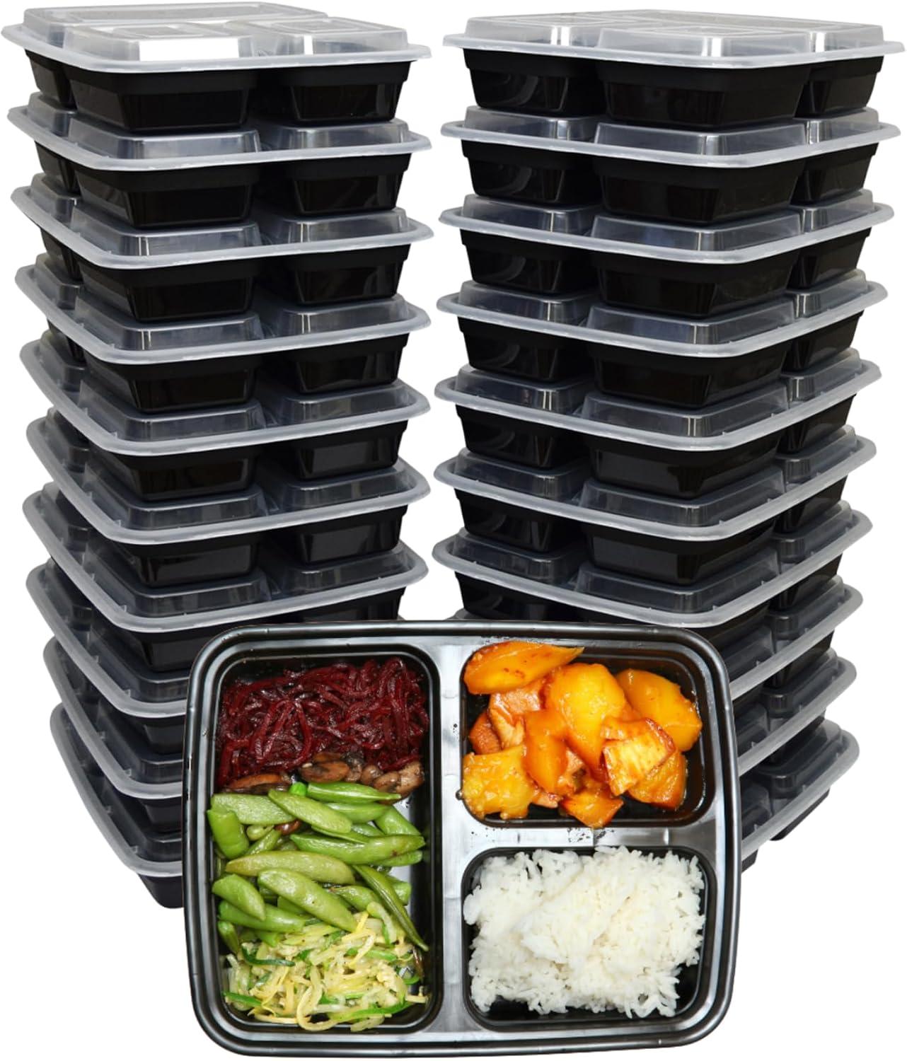 Black Plastic 3-Compartment Meal Prep Containers with Clear Lids, Set of 25