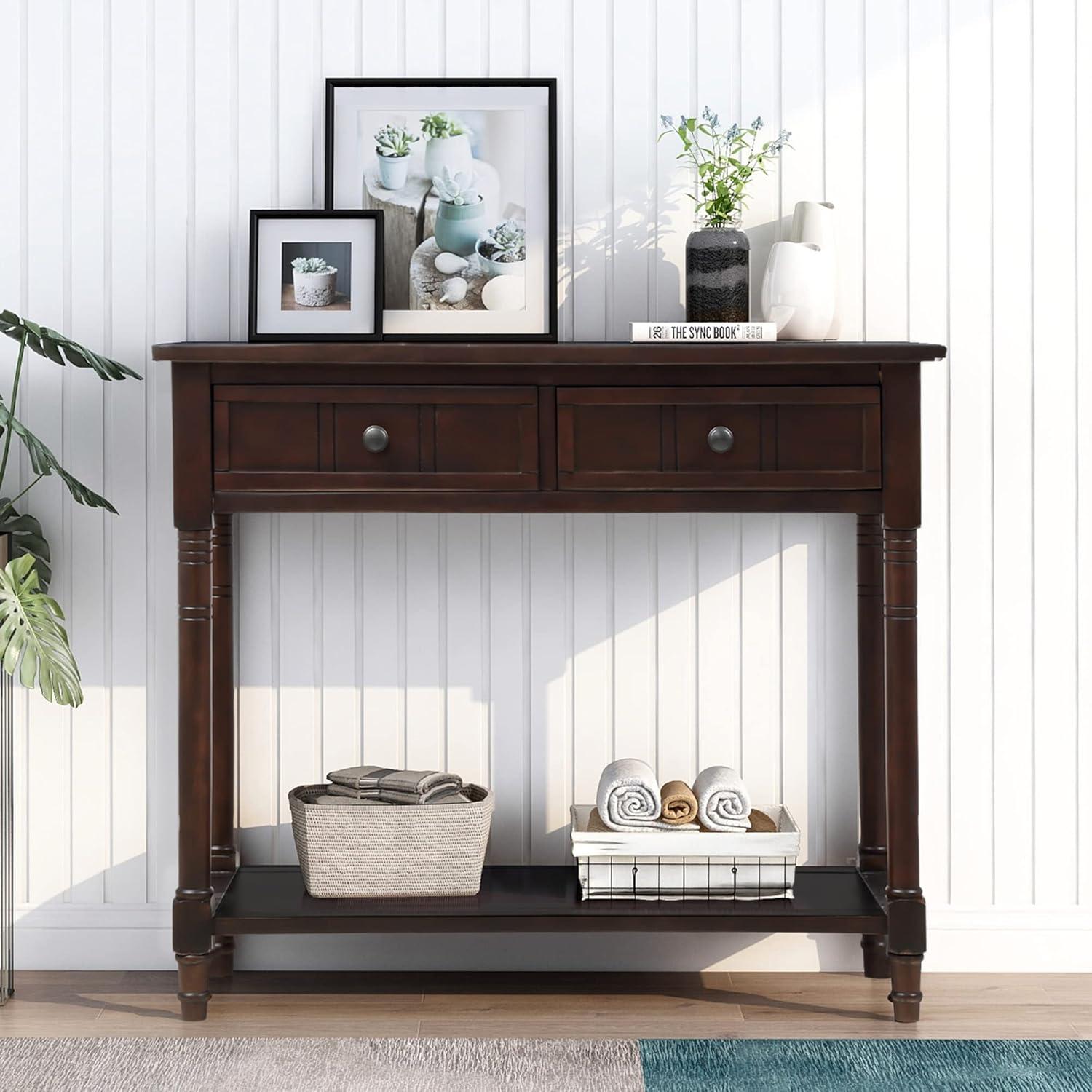 Alcott Hill® Wood Console Table with Two Drawers, Bottom Shelf