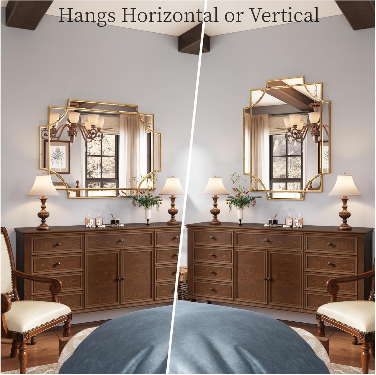 Kelly Miller Gold Bathroom Mirror for Wall, 24"x36" Large Decorative Mirror Gold Wall Mirror Vanity Mirror Beveled Wall Decor for Master Bath Half Bath Living Room Bedroom Fireplace Mantle Entryway