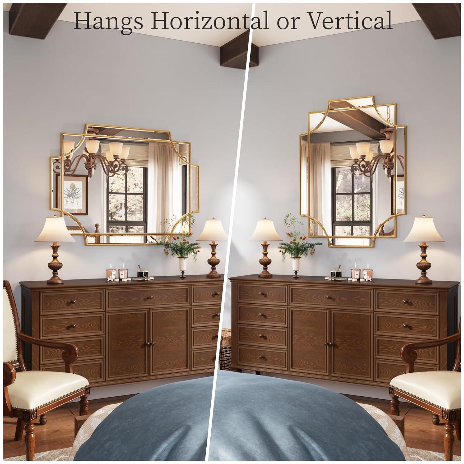 Kelly Miller Gold Bathroom Mirror for Wall, 24"x36" Large Decorative Mirror Gold Wall Mirror Vanity Mirror Beveled Wall Decor for Master Bath Half Bath Living Room Bedroom Fireplace Mantle Entryway