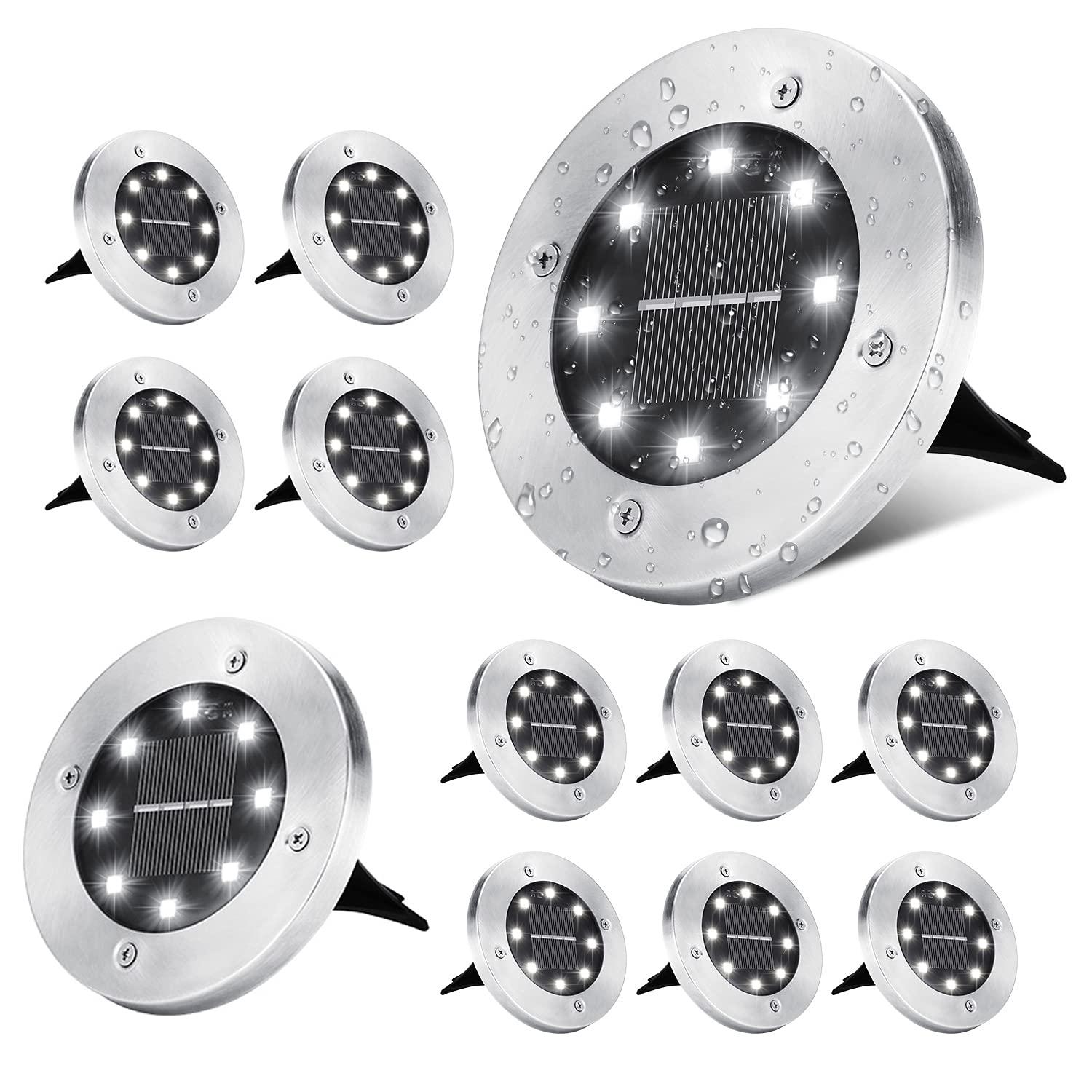 12 Pack Solar Ground Lights, 8 LED Solar Powered Disk Lights Outdoor Waterproof Garden Landscape Lighting for Yard Deck Lawn Patio Pathway Walkway