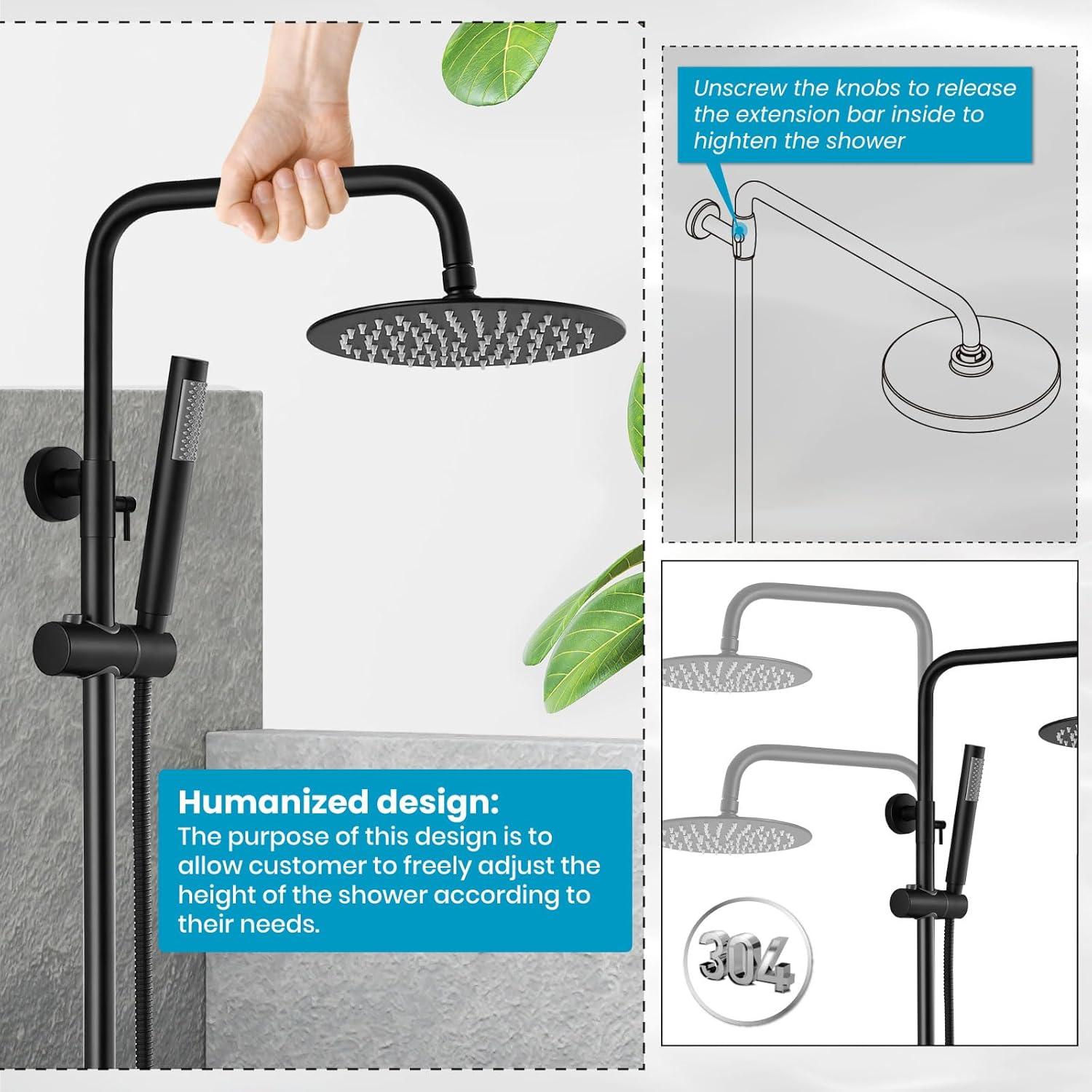 gotonovo SUS304 Outdoor Shower Fixture High Pressure Shower System Wall Mount 2 Dual Function Single Handle Shower Kit with 8 Inch Shower Head and Handheld Spray Shower Faucet Combo, Matte Black