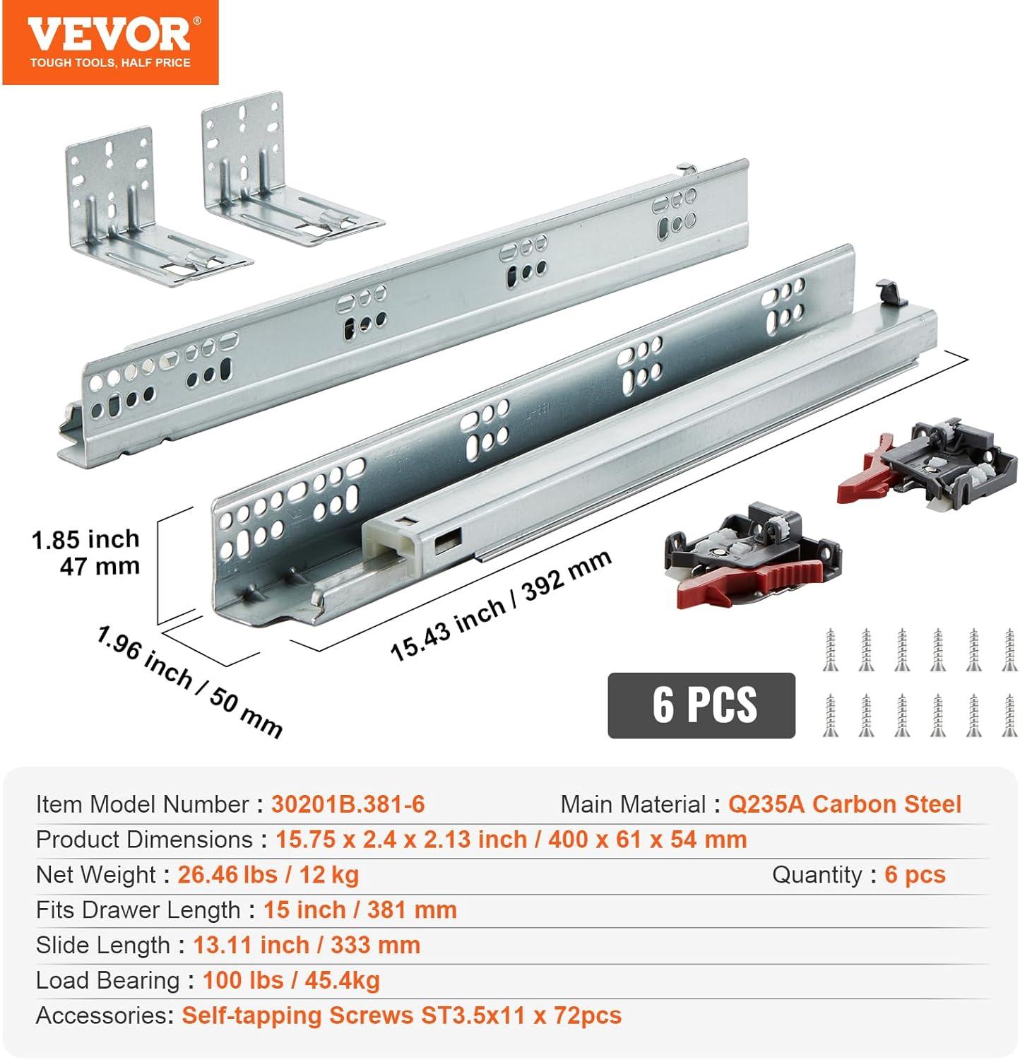 VEVOR 15 Inch Heavy Duty Steel Soft Close Drawer Slides