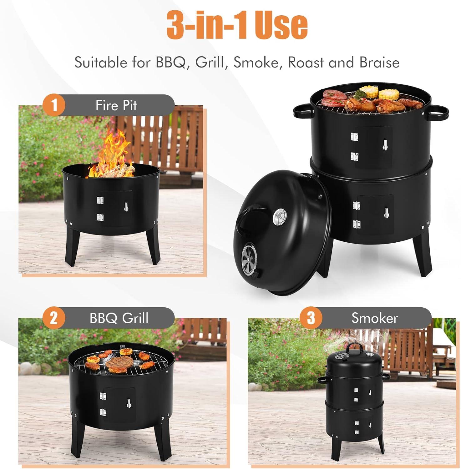 Zateety Vertical Charcoal BBQ Smoker, 3-in-1 16" Round Charcoal Barbecue Grill with 2 Cooking Area, and Thermometer for Outdoor Camping Picnic Backyard Cooking, Black