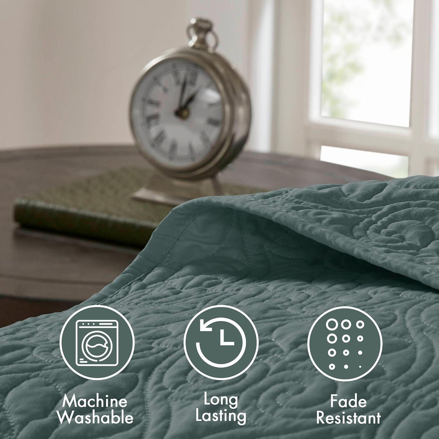 Madison Park Bedspread Set Reversible Damask Quilted Oversized Coverlet, Cotton-Filled Quilts Queen Oversized, All Season, Lofty & Warm Bedspread, Quebec, Queen Balsam Green 3 Piece