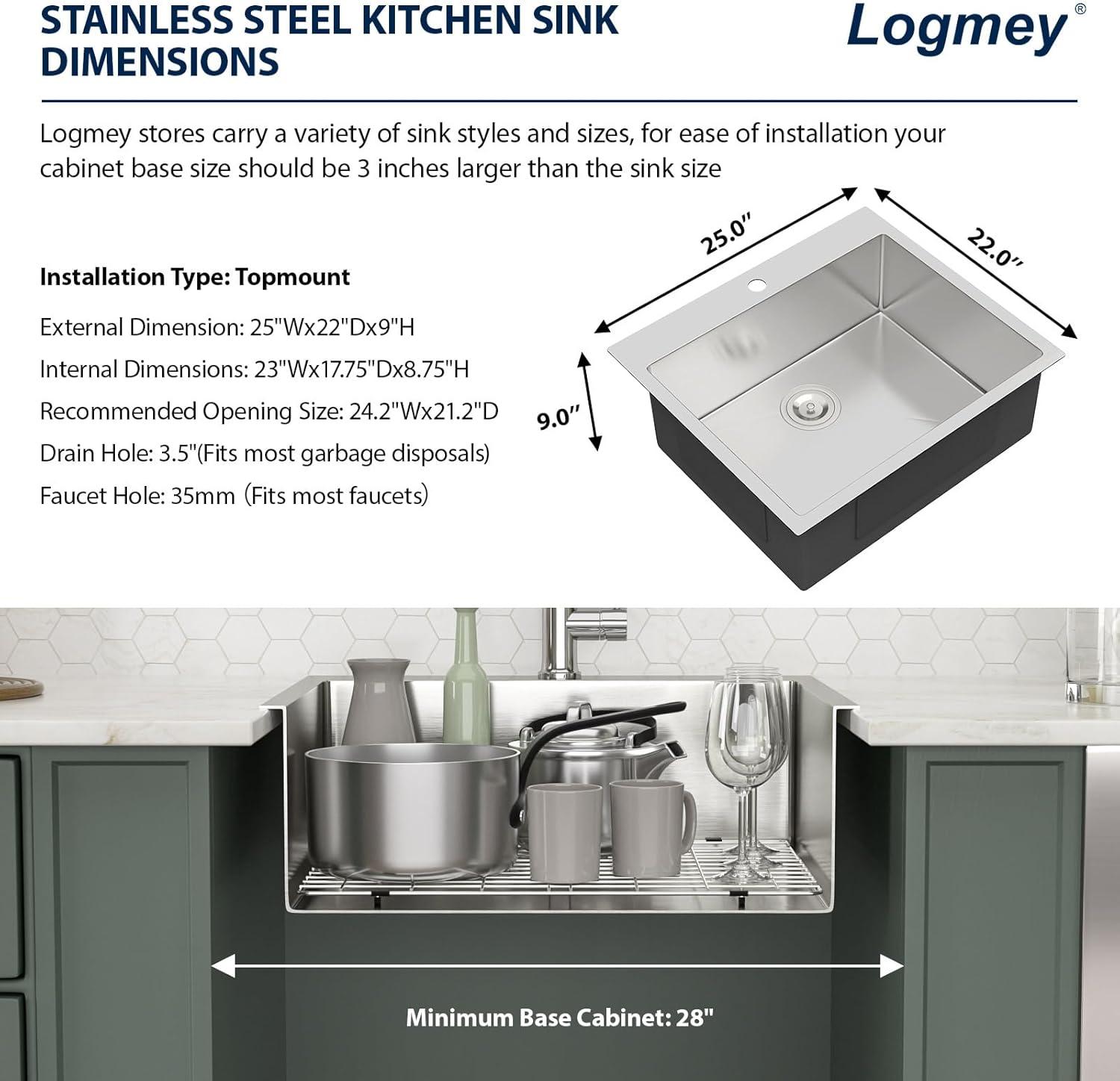 Logmey 25 Inch Drop In Kitchen Sink 25x22 In Handmade Stainless Steel Kitchen Sinks 16 Gauge Topmount Sink Single Bowl Round Corner Sink Bar Sink Prep 25x22x9 Inches