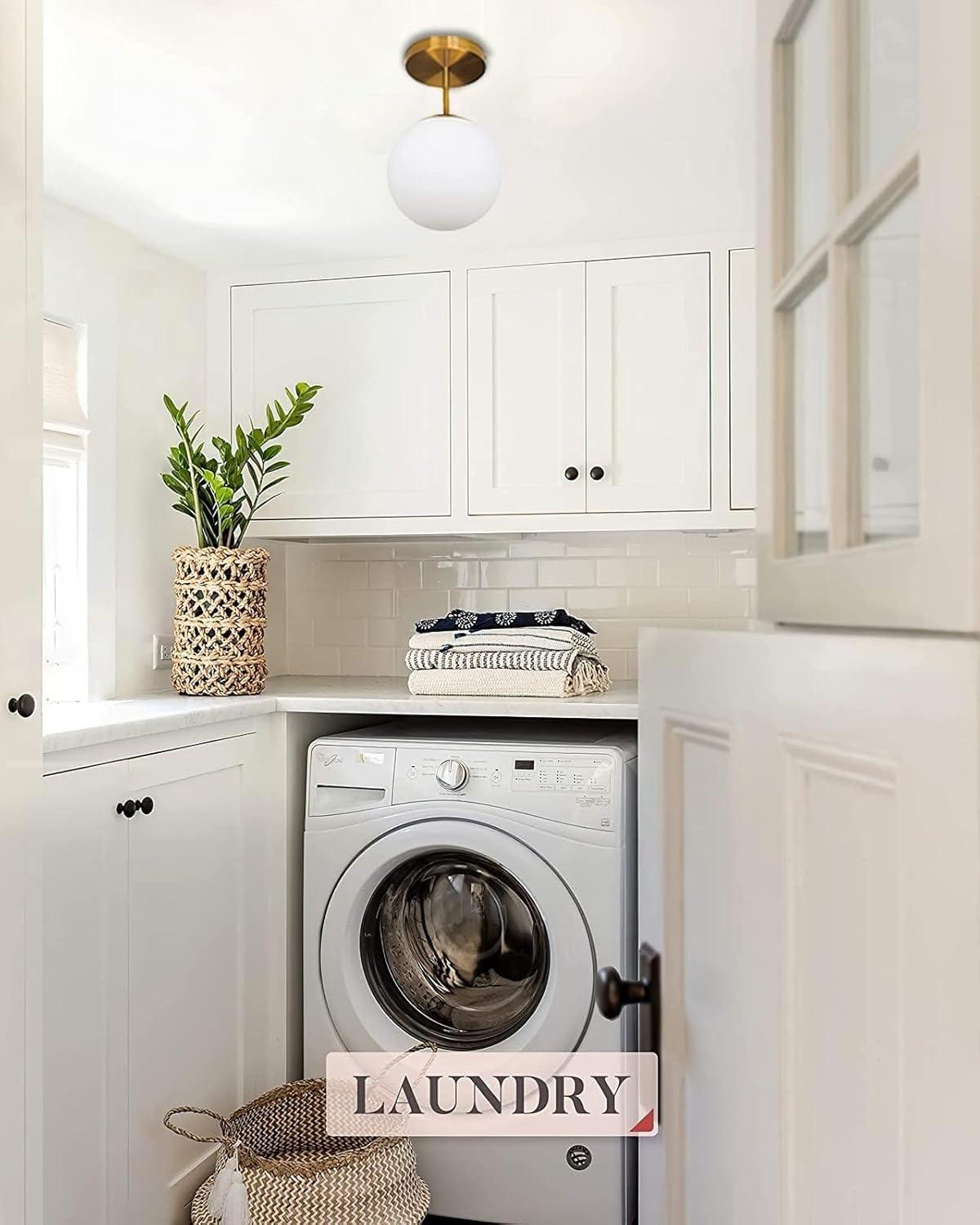 Mid Century Modern Globe Semi Flush Mount Ceiling Light Fixture Frosted Glass with Gold Brass Finish,1-Light Sphere Glass Pendant Lights for Aisle Porch Stairway Closet Kitchen Laundry Room(Bulb Incl)