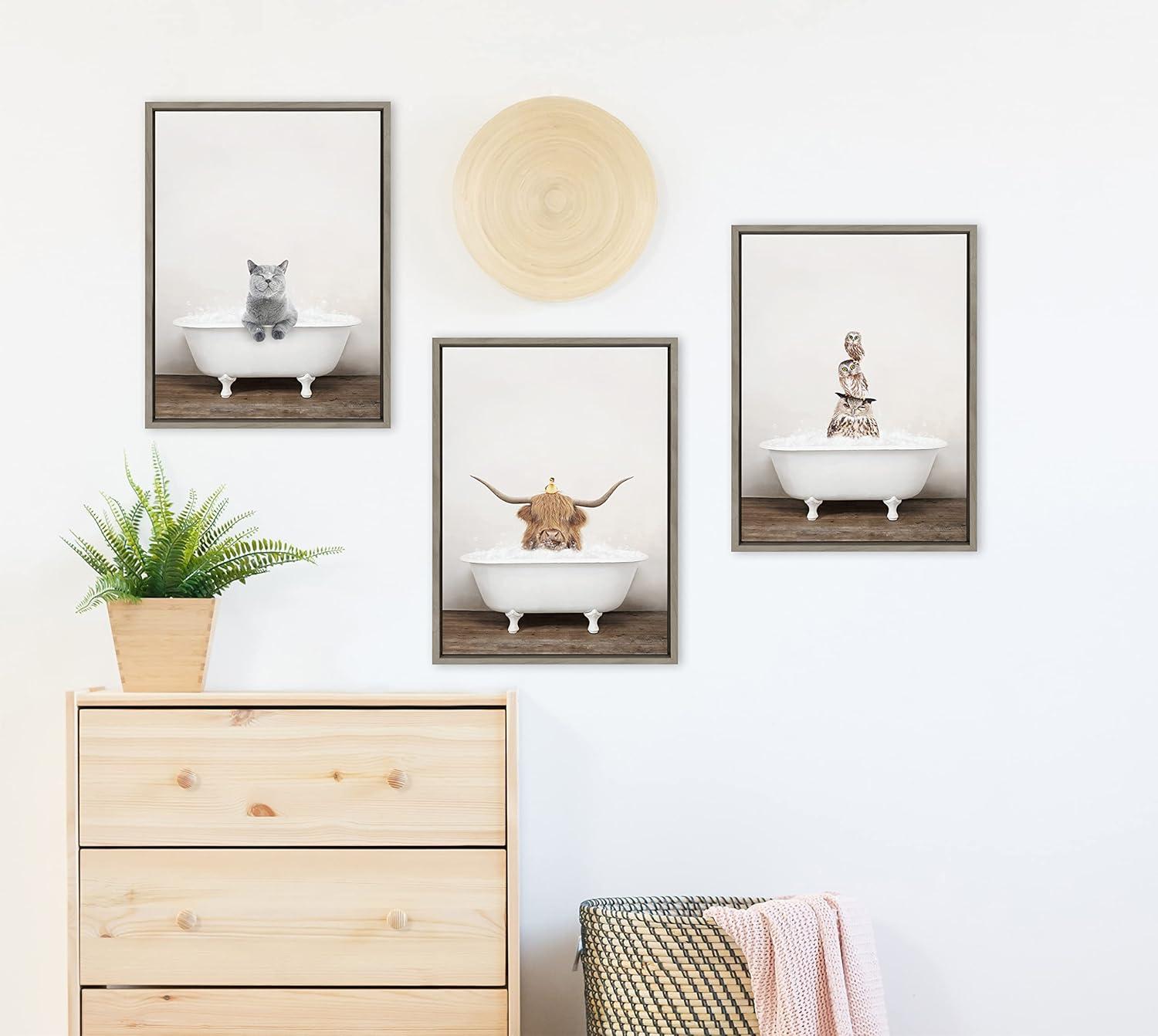 18" x 24" Sylvie Cat in Rustic Bath Framed Canvas by Amy Peterson: Bathroom Wall Art Decor - Kate & Laurel