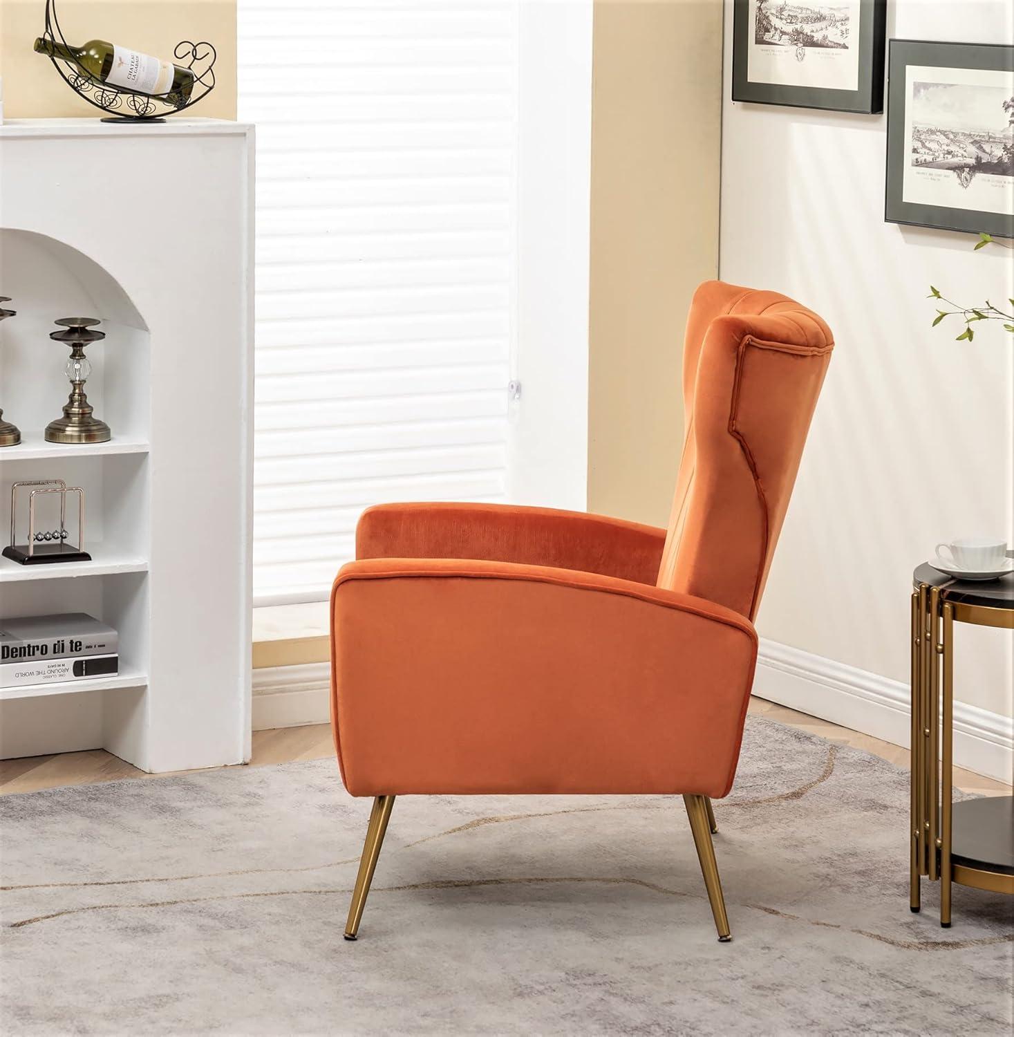 Orange Red Velvet Barrel Armchair with Wood Frame