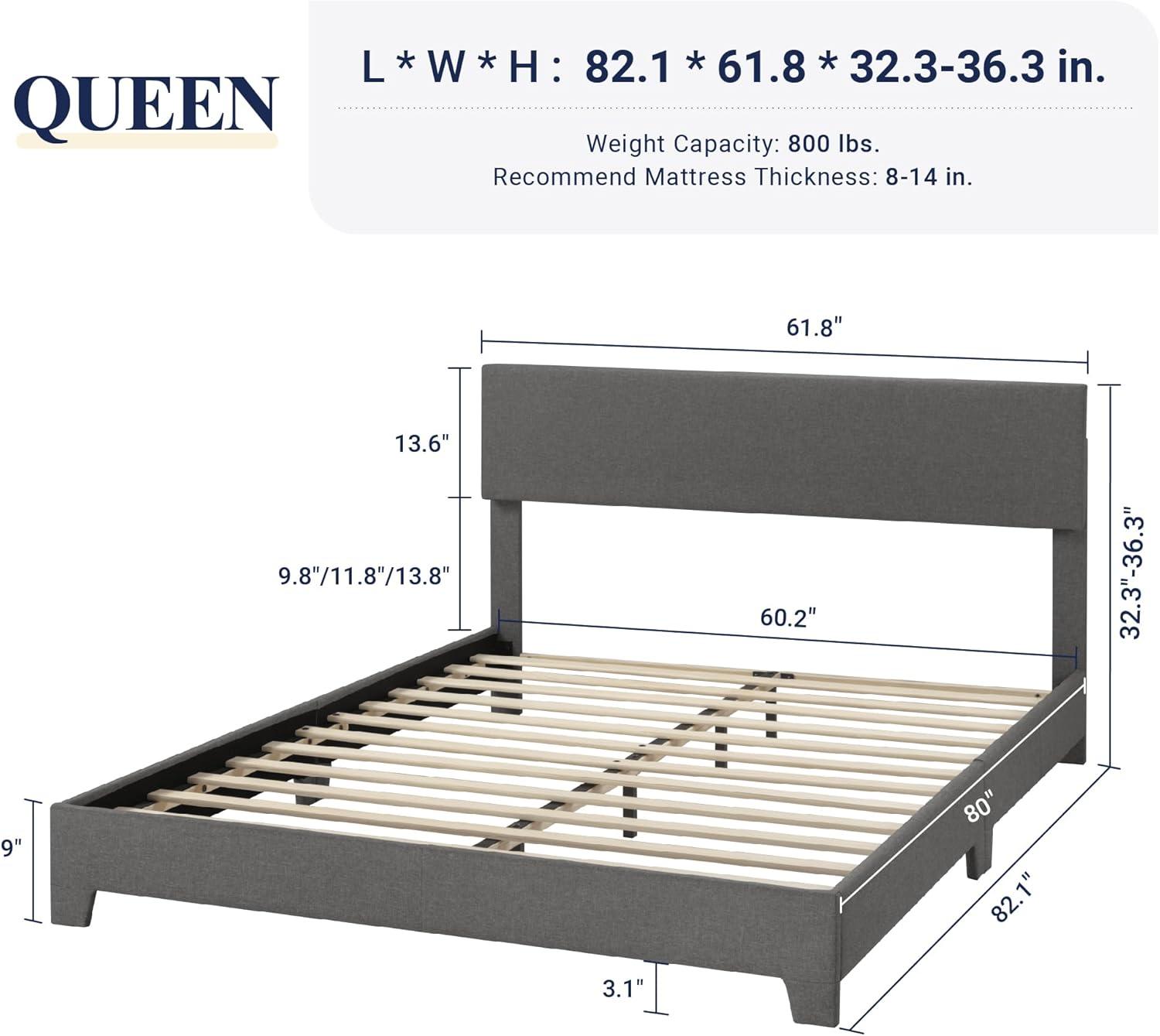 Killeryuki Queen Bed Frame with Adjustable Headboard, Upholstered Platform Bed with Wood Slats, Heavy Duty Mattress Foundation, No Box Spring Needed, Noise-Killeryuki, Easy Assembly, Dark Grey