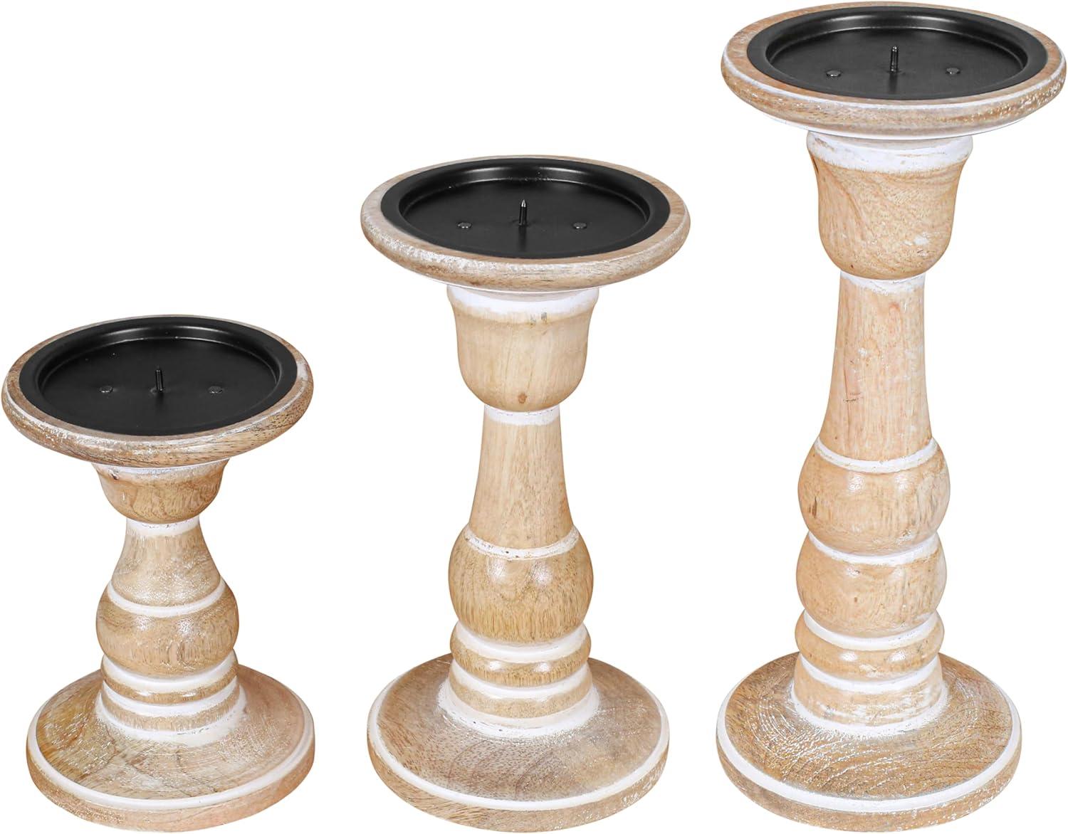 DecMode Traditional and Timeless Mango Wood Pillar Candle Holder Set of 3, 6", 8", 10"H, Cream Finish