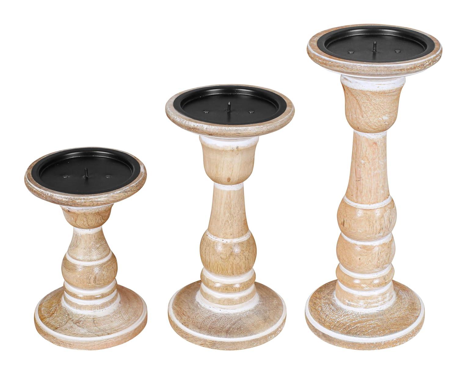 DecMode Traditional and Timeless Mango Wood Pillar Candle Holder Set of 3, 6", 8", 10"H, Cream Finish