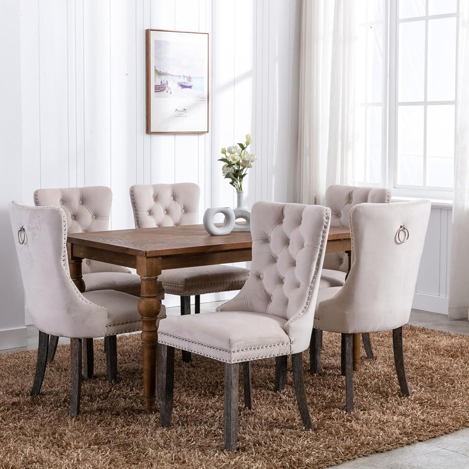 Tzicr Tufted Dining Chairs Set of 6, Upholstered Dining Chairs with Nailhead Back, Nailhead Trim, Velvet Dining Chairs for Kitchen/Bedroom/Dining Room(Beige)