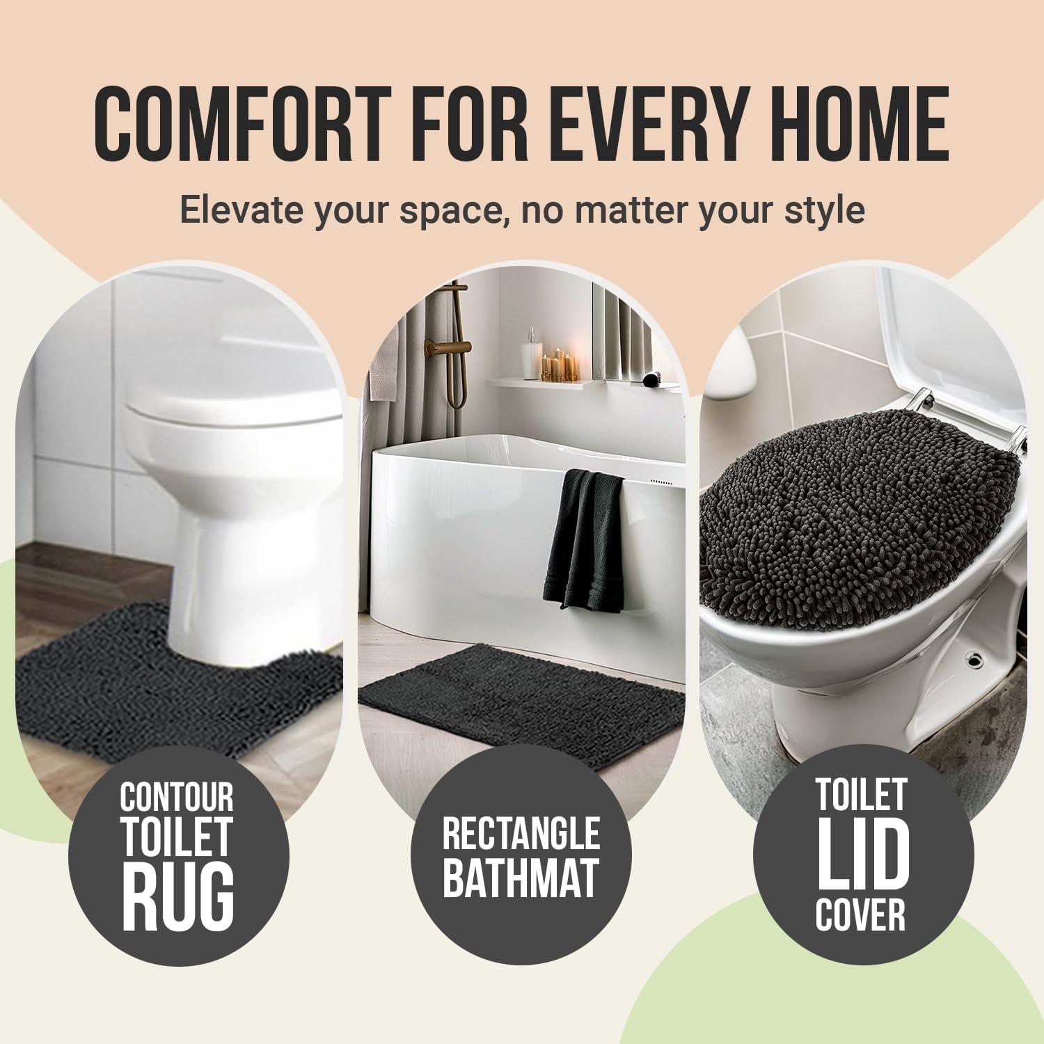 ITSOFT 3pc Non-Slip Shaggy Chenille Bathroom Mat Set, Includes 24 x 21 Inches U-Shaped Contour Toilet Rug, 34 x 21 Inches Bathmat and 1 Toilet Lid Cover, Spa Blue