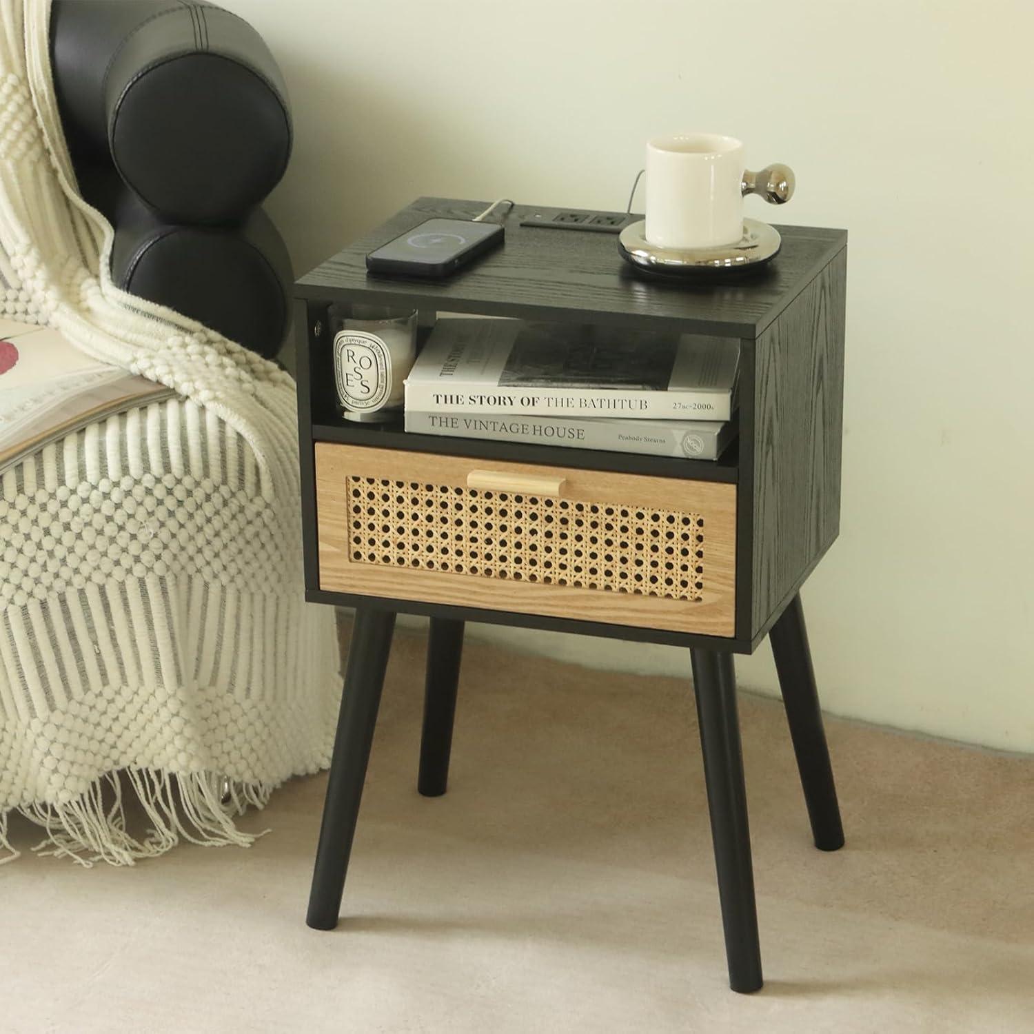 MaxSmeo Mid Century Modern Nightstand with Charging Station, Bedside Tables with Rattan Drawer, Small Wood Nightstand Side Table for Living Room,Bedroom (Black)