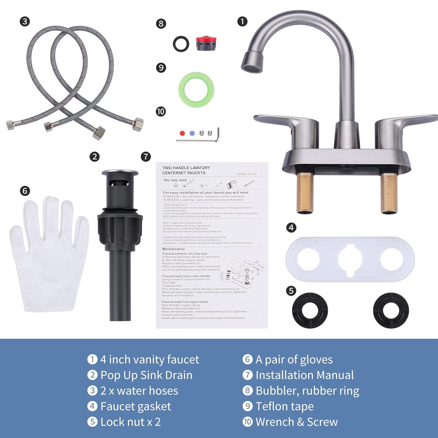 4 Inch Bathroom Faucets 2 or 3 Hole, 2 Handle Bathroom Sink Faucet, 360° Swivel Spout Lavatory Vanity Sink Faucet with Water Supply Lines & Pop Up Drain