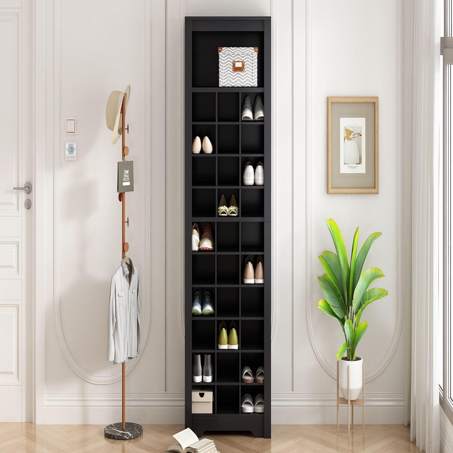 Tall Black Particle Board 30-Pair Shoe Cubby Cabinet