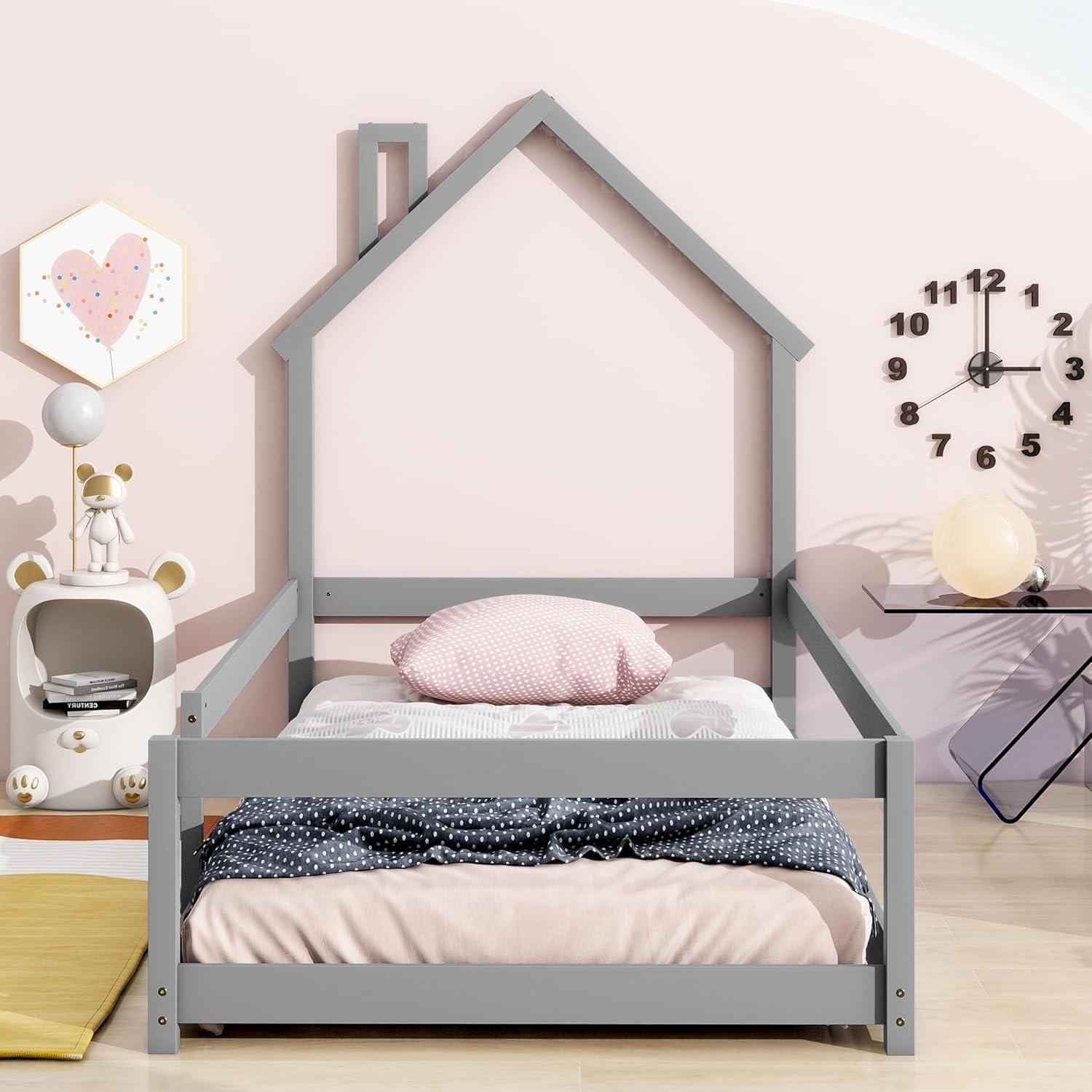 Kids Montessori Floor Bed, Twin Size Wooden Floor Bed Frame with Fences Guardrails and House Shape Headboard, Without Slats Support, Grey