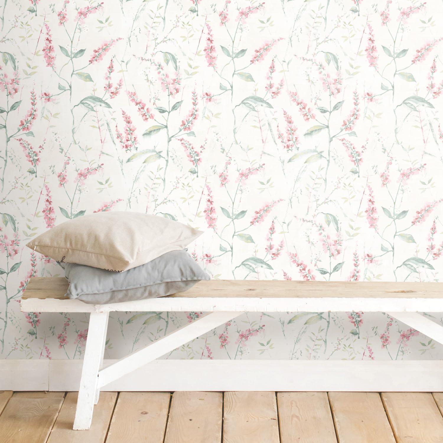 RoomMates Floral Sprig Peel and Stick Wallpaper Pink: Removable Vinyl Botanical Self-Adhesive, 28.2 Sq Ft Coverage