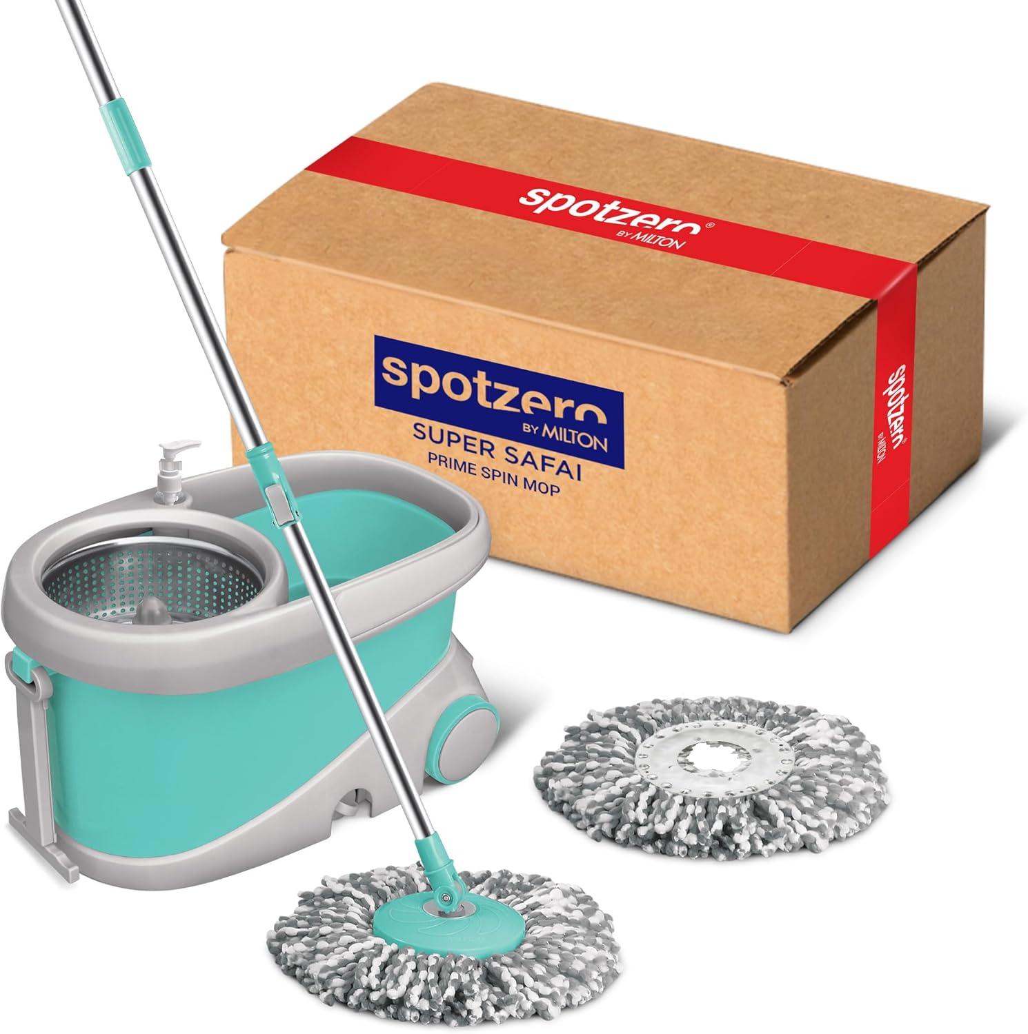 Spotzero Mop and Bucket with Wringer Set for Home, 360º Spin Mop and Bucket System with Microﬁber Technology, Height Adjustable Handle,