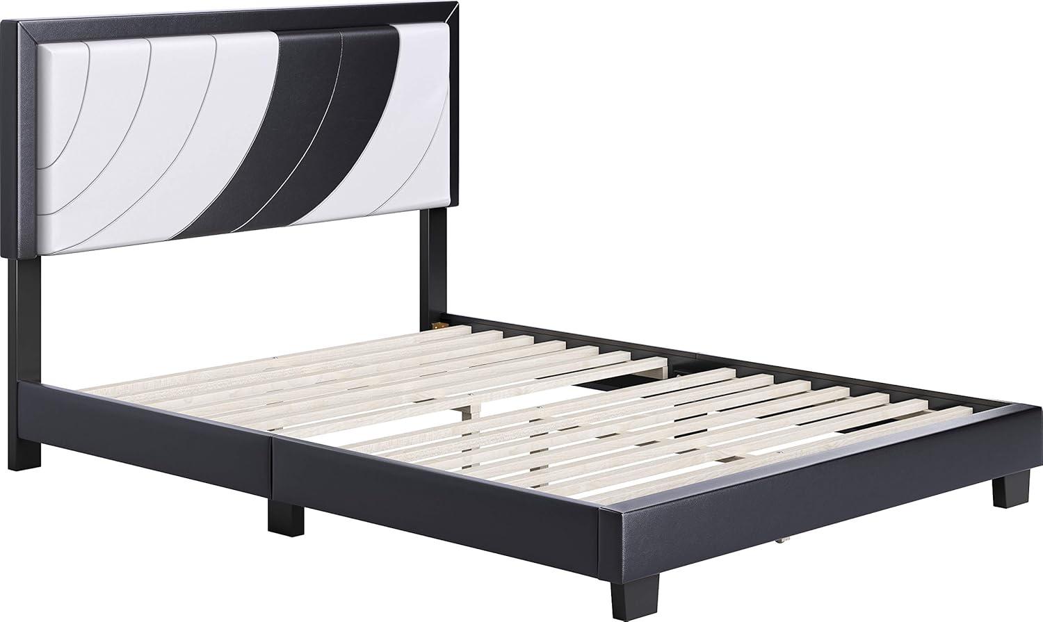 Nautical Wave Queen Platform Bed in White & Black Faux Leather