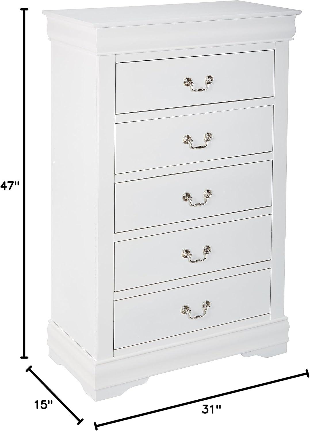 31" Louis Philippe Chest White - Acme Furniture: Brushed Nickel Hardware, 5 Drawers