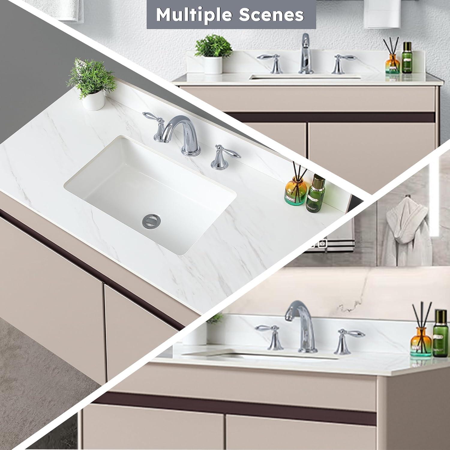 43 Inch Bathroom Vanity Top, Elegant White Sintered Stone Vanity Top with Rectangle Undermount Ceramic Sink and Top Backsplash, 43" Vanity Sink Top - 3 Holes, No Cabinet