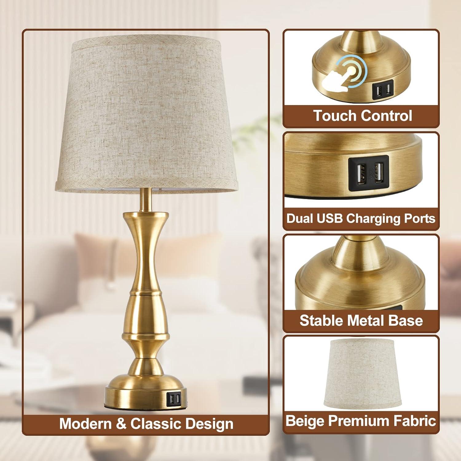 GyroVu Vintage Bedside Lamp Set of 2,Farmhouse Table Lamp Touch Control 3-Way Dimmable End Table Lamp with 2 USB Port, Desk Lamp Modern Nightstand Lamp for Living Room Bedroom Hotel Office