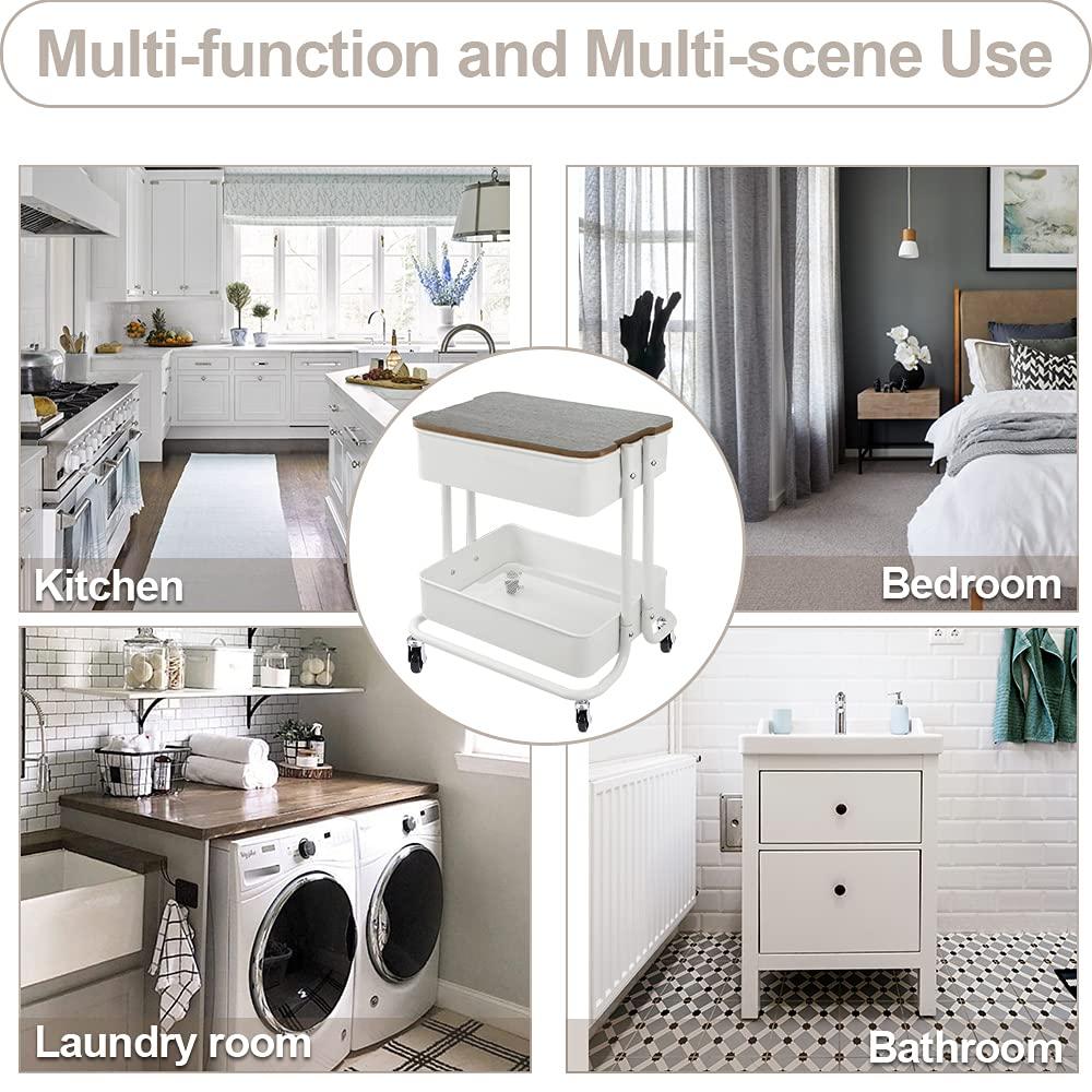 Melody House 2 Tier Metal Utility Rolling Cart Storage Organizer with Cover Board, Mobile Trolley Sofa Side Table with Wheels for Office Home Kitchen Organization, White
