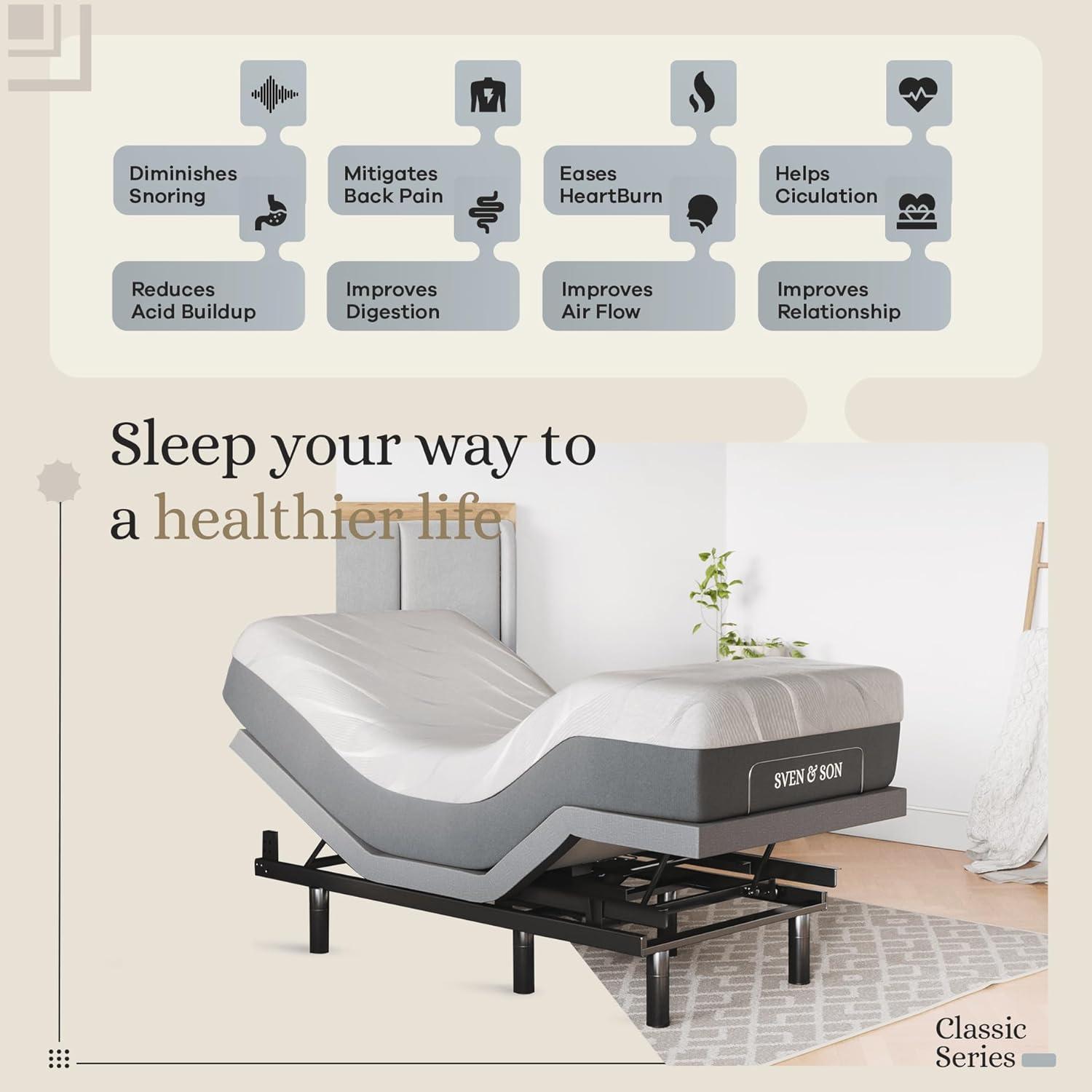 Sven & Son Classic Adjustable Bed Base Frame Only, Head and Foot Lift, Massage, Under-Bed Lights, USB, Memory Positions, Zero Gravity, Wireless Remote - Full