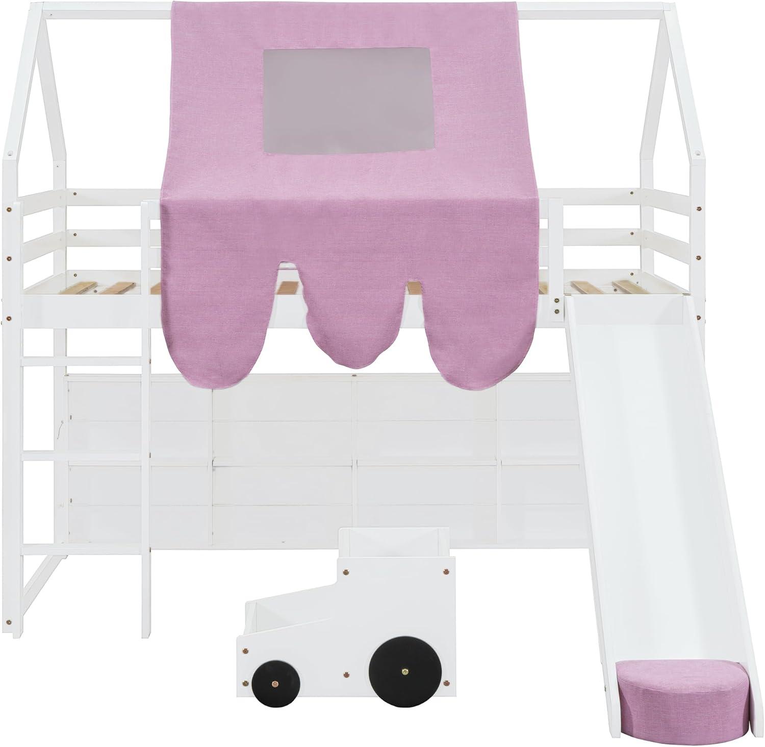 Twin Size Loft Bed, House Shaped Solid Wood Loft Bed with Tent, Slide and Functional Ladder for Kids, Girls & Boys (White+Pink, Twin)