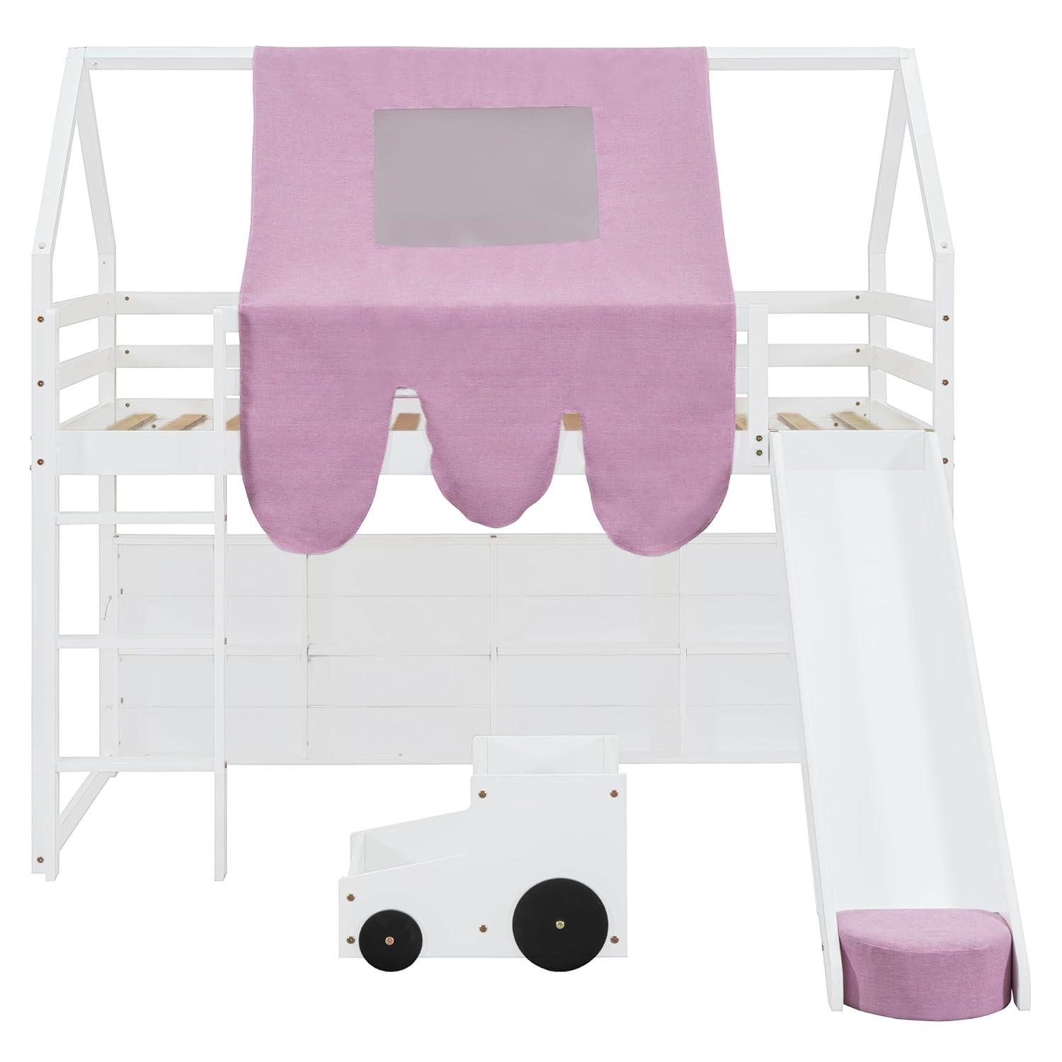 Twin Size Loft Bed, House Shaped Solid Wood Loft Bed with Tent, Slide and Functional Ladder for Kids, Girls & Boys (White+Pink, Twin)