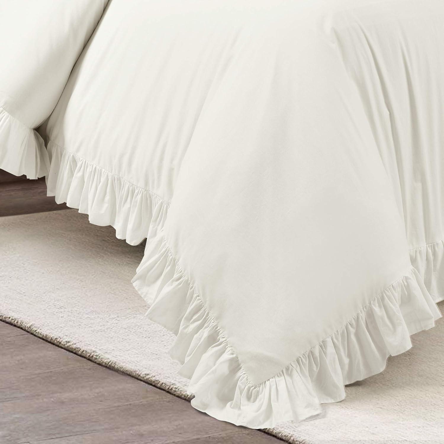 Off-White Ruffled Cotton Full/Queen Duvet Cover Set