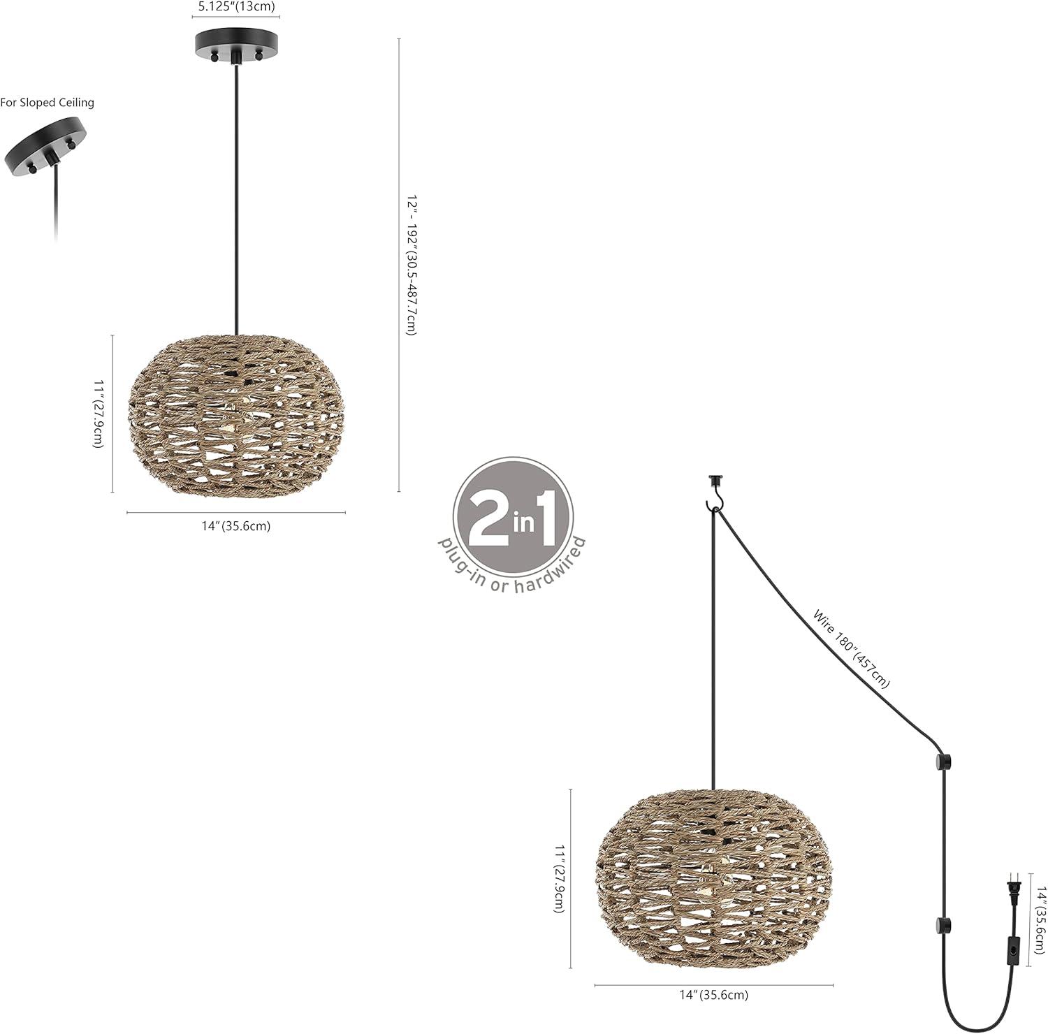 Isla 14" 1-Light Farmhouse Coastal Rattan 180" Cord Plug-In or Hardwired LED Pendant, Brown