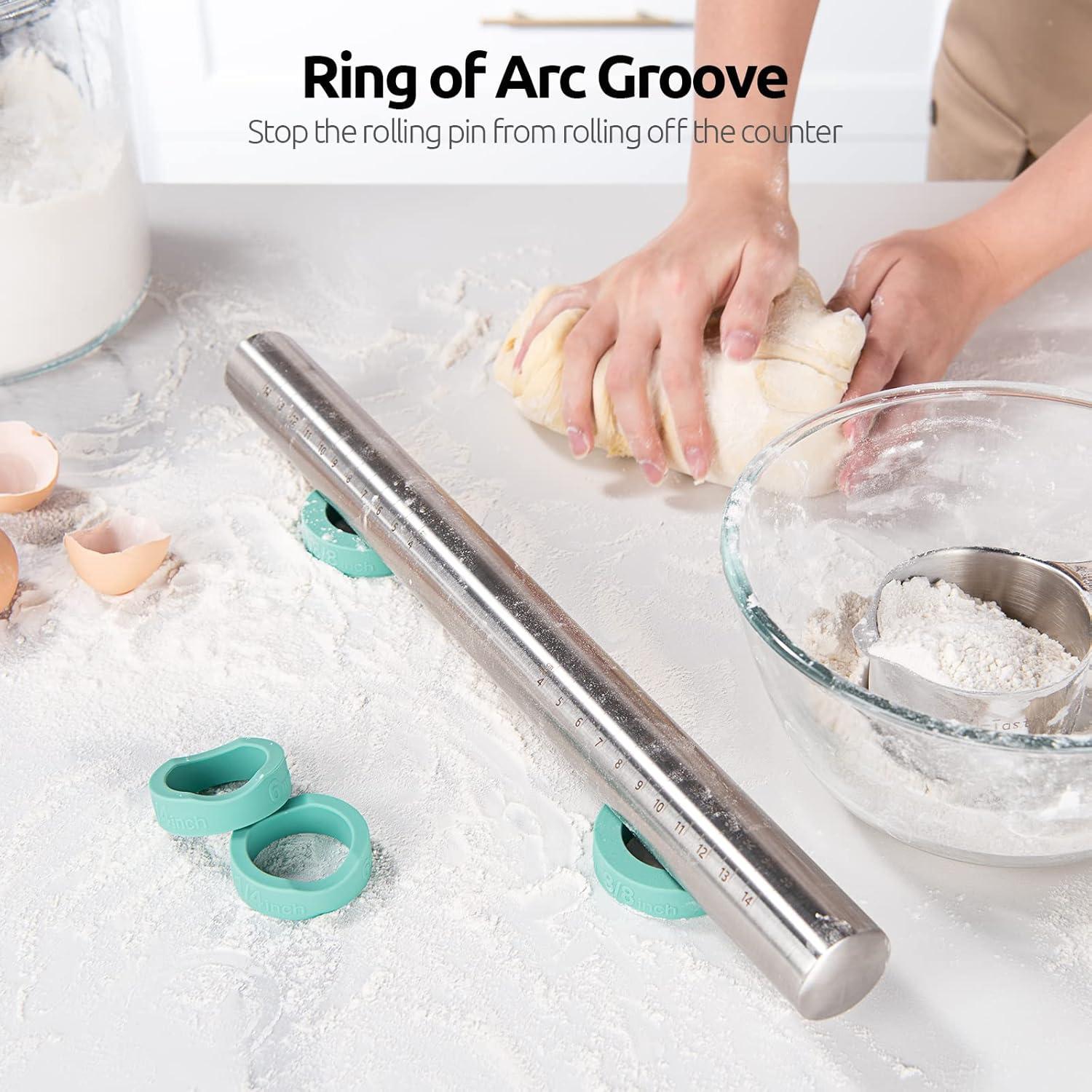 U-Taste Adjustable 18/8 Stainless Steel 16 inch Rolling Pin with Silicone Removable Rings (Teal/Aqua Sky)