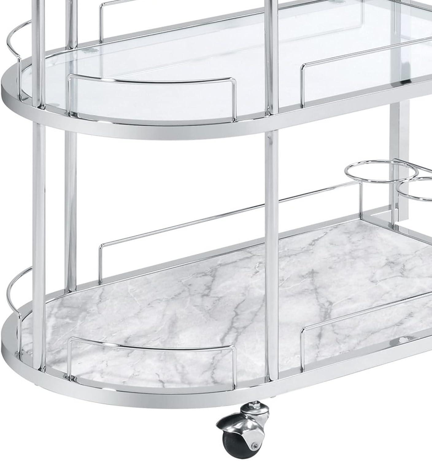 Serving Cart with Oval Shape and Metal Bar Handle Silver