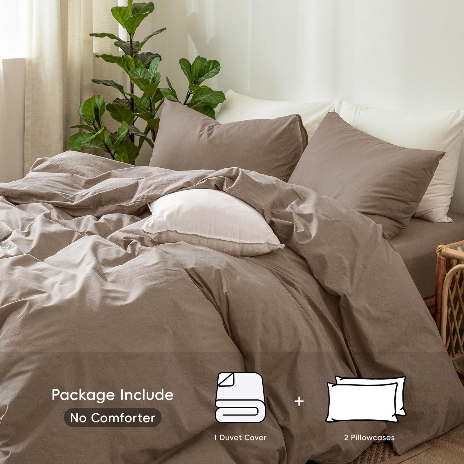 MooMee Washed Cotton Duvet Cover Set Linen Like Textured Breathable 3-Piece (Brown, Queen)