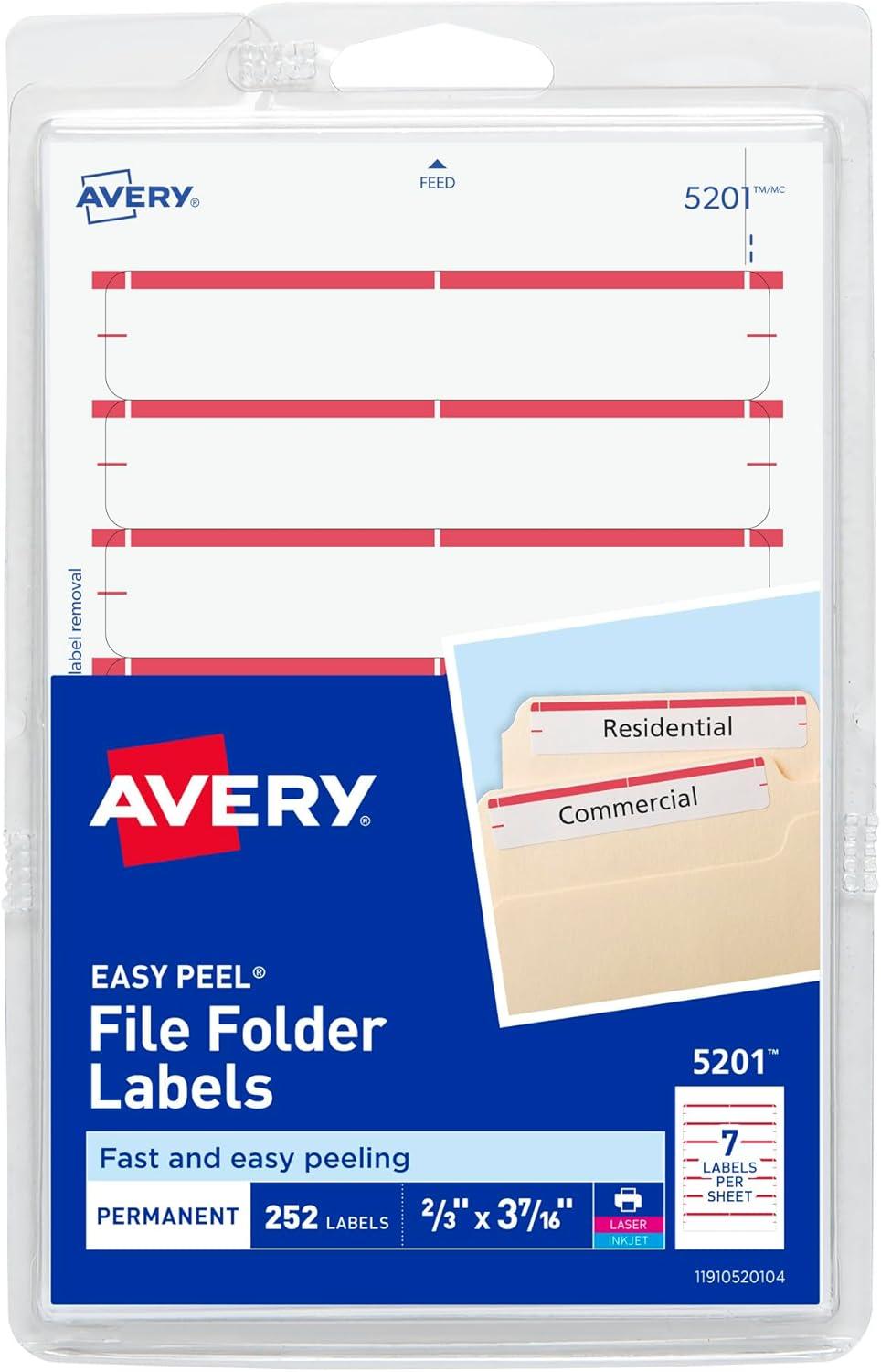 Avery Print or Write File Folder Labels 11/16 x 3 7/16 White/Dark Red Bar 252/Pack 05201