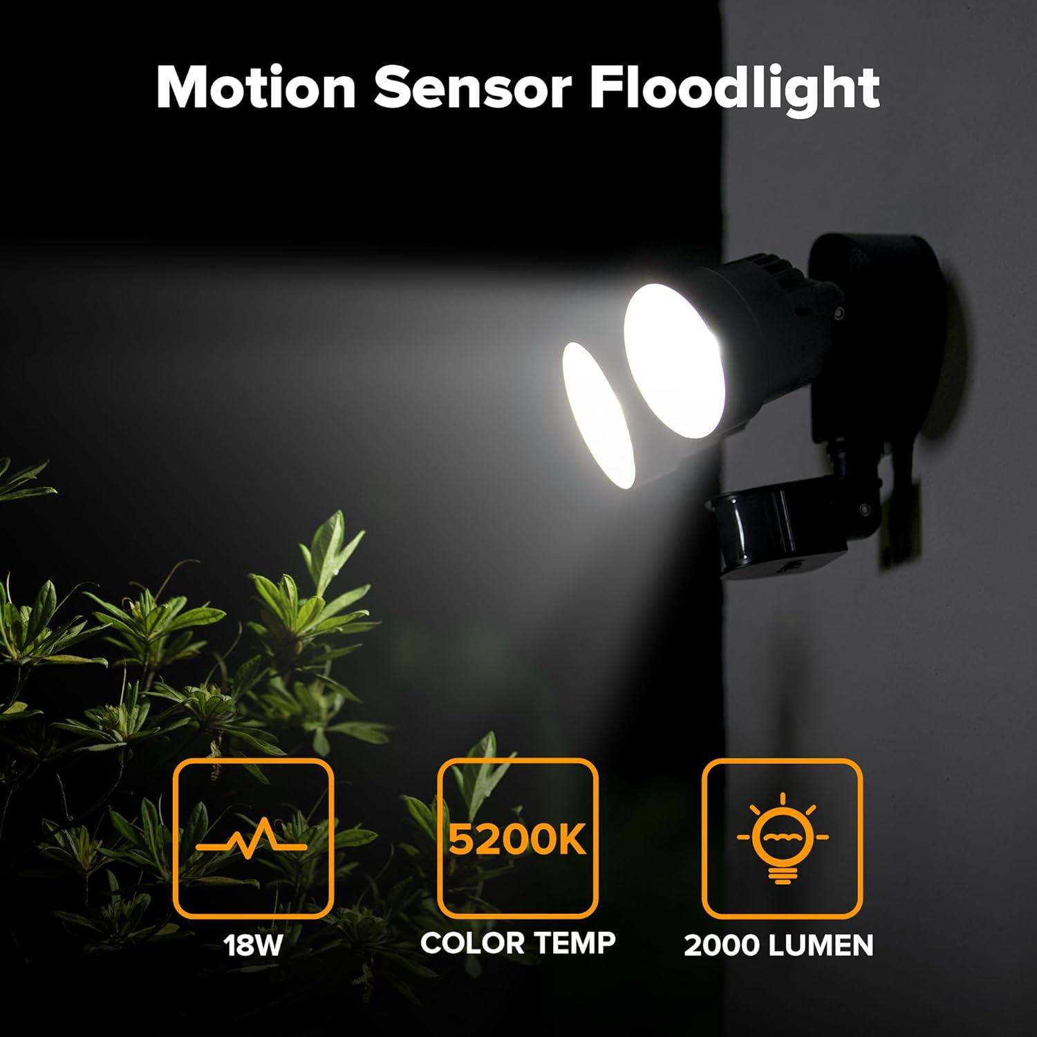 Black Dual-Head LED Motion Activated Floodlight with Polycarbonate Lens