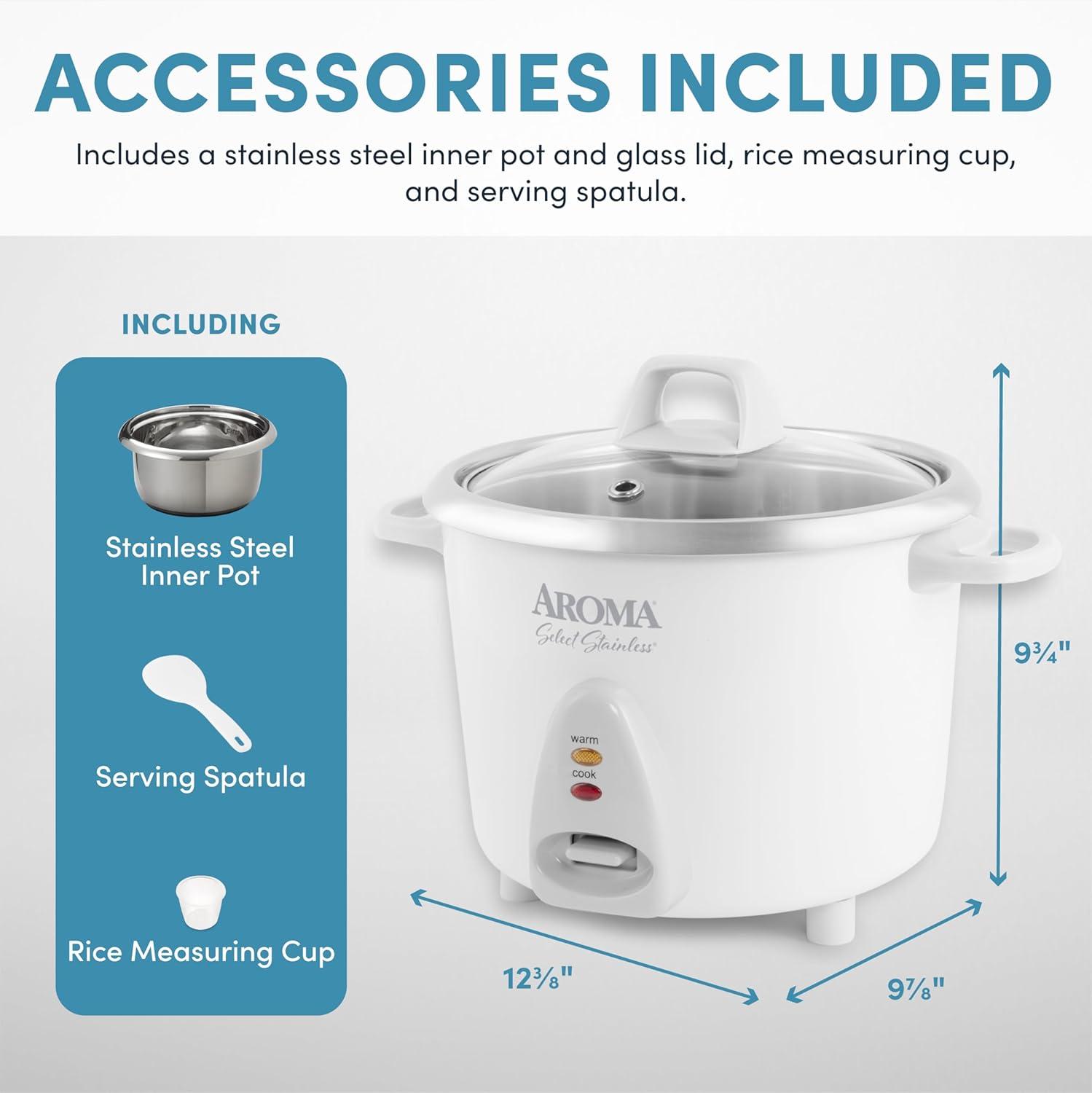 Aroma AROMA® Select Stainless® Pot Style Rice Cooker, 3-Cup (Uncooked) / 6-Cup (Cooked), Stainless Steel Inner Pot