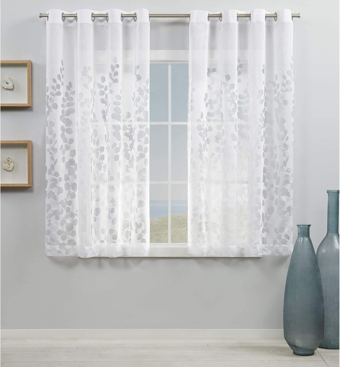 White Sheer Leaf Pattern Grommet Curtain Panels