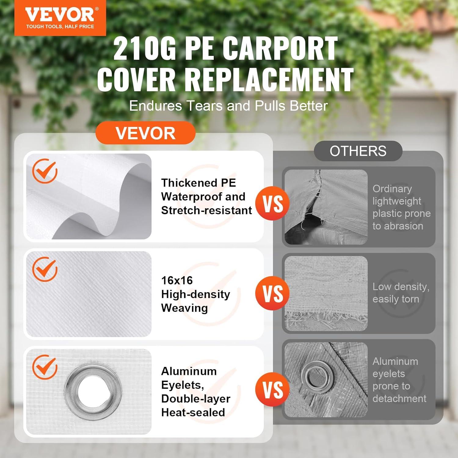 VEVOR 10 x 20 ft Carport Replacement Canopy Cover, Heavy-Duty Waterproof & UV Protected Shelter Tarp, Easy Installation with 40 Ball Bungees (Top Cover Only, Frame Not Included) - White