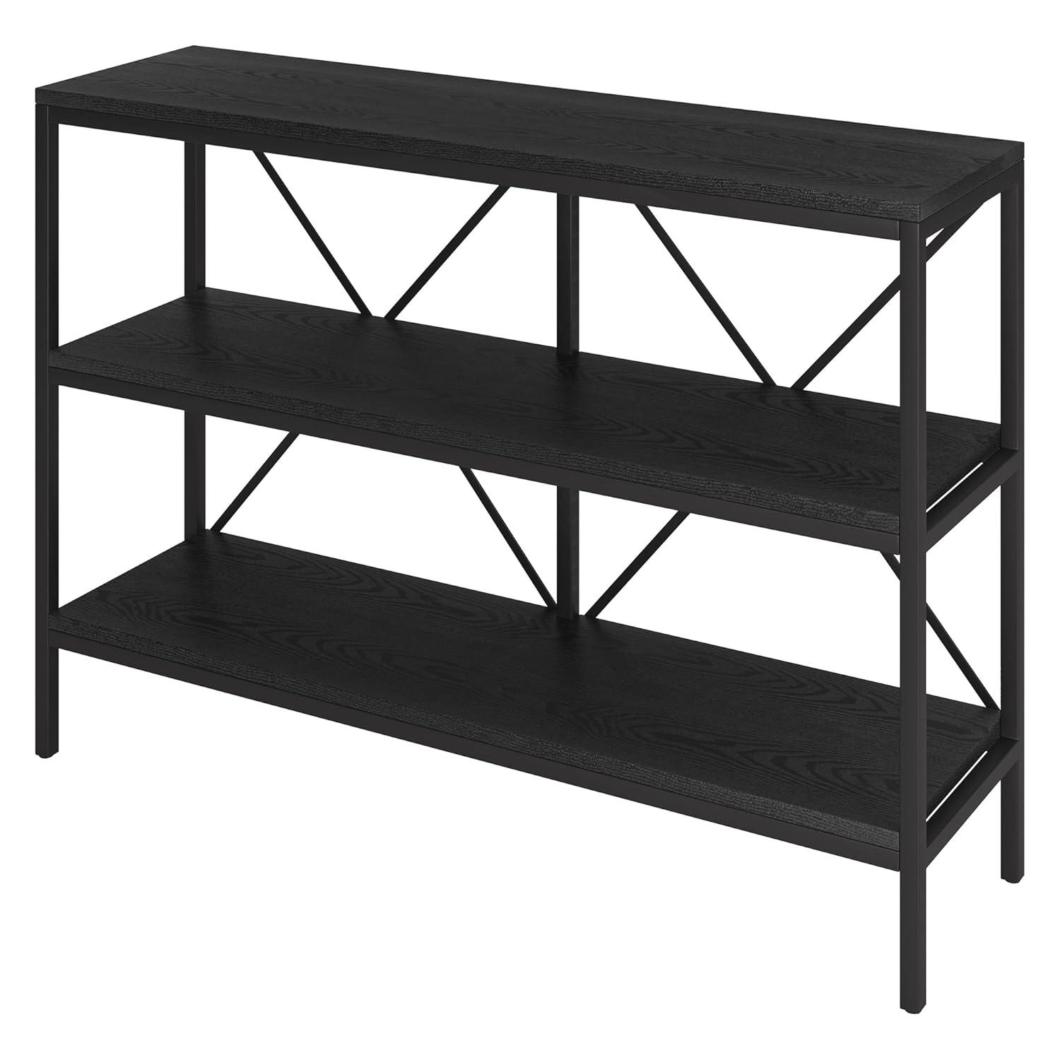 Evelyn&Zoe Kira 64" Wide Rectangular Console Table, Blackened Bronze/Antiqued Gray Oak
