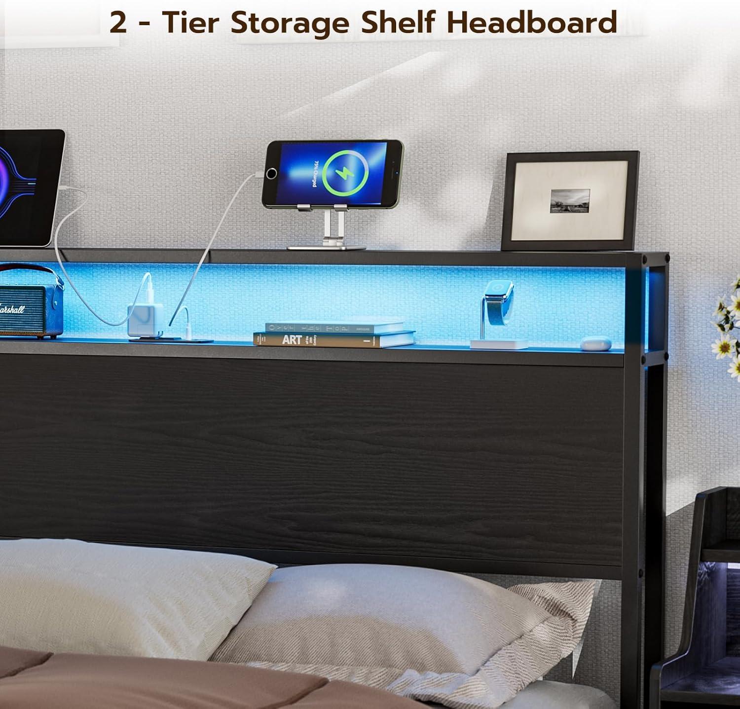 Ivy Bronx Kaiwei Storage Headboard With Led Lights & Charging Station - Industrial Metal And Wood